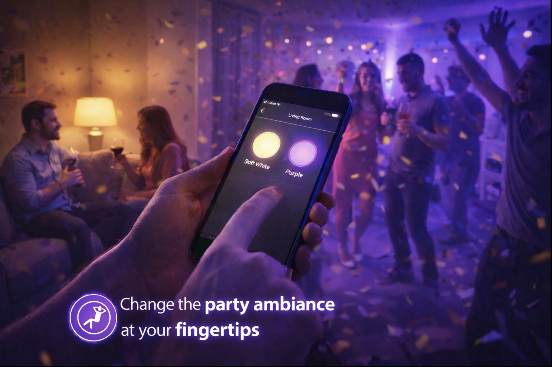 Person holding smartphone with app controlling party lighting, live room scene with people celebrating and dancing, colorful confetti falling, warm lighting, and text overlay about changing party atmosphere at your fingertips.