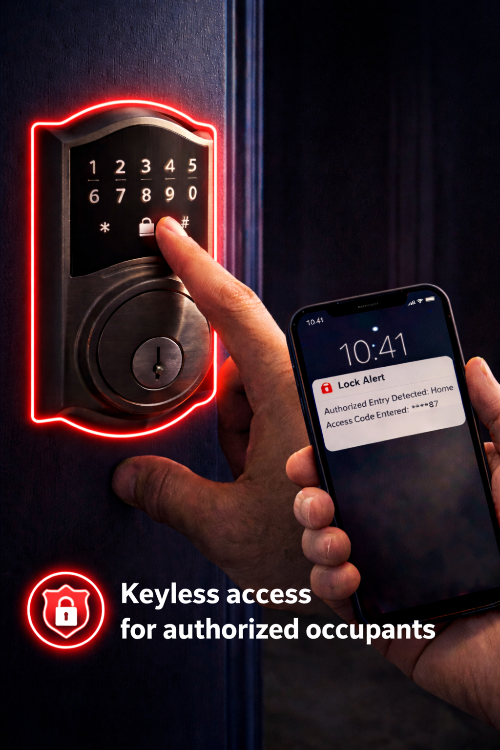 A person uses a smartphone with a lock alert on the screen to unlock a door with a keypad lock, displaying keyless access for authorized occupants.