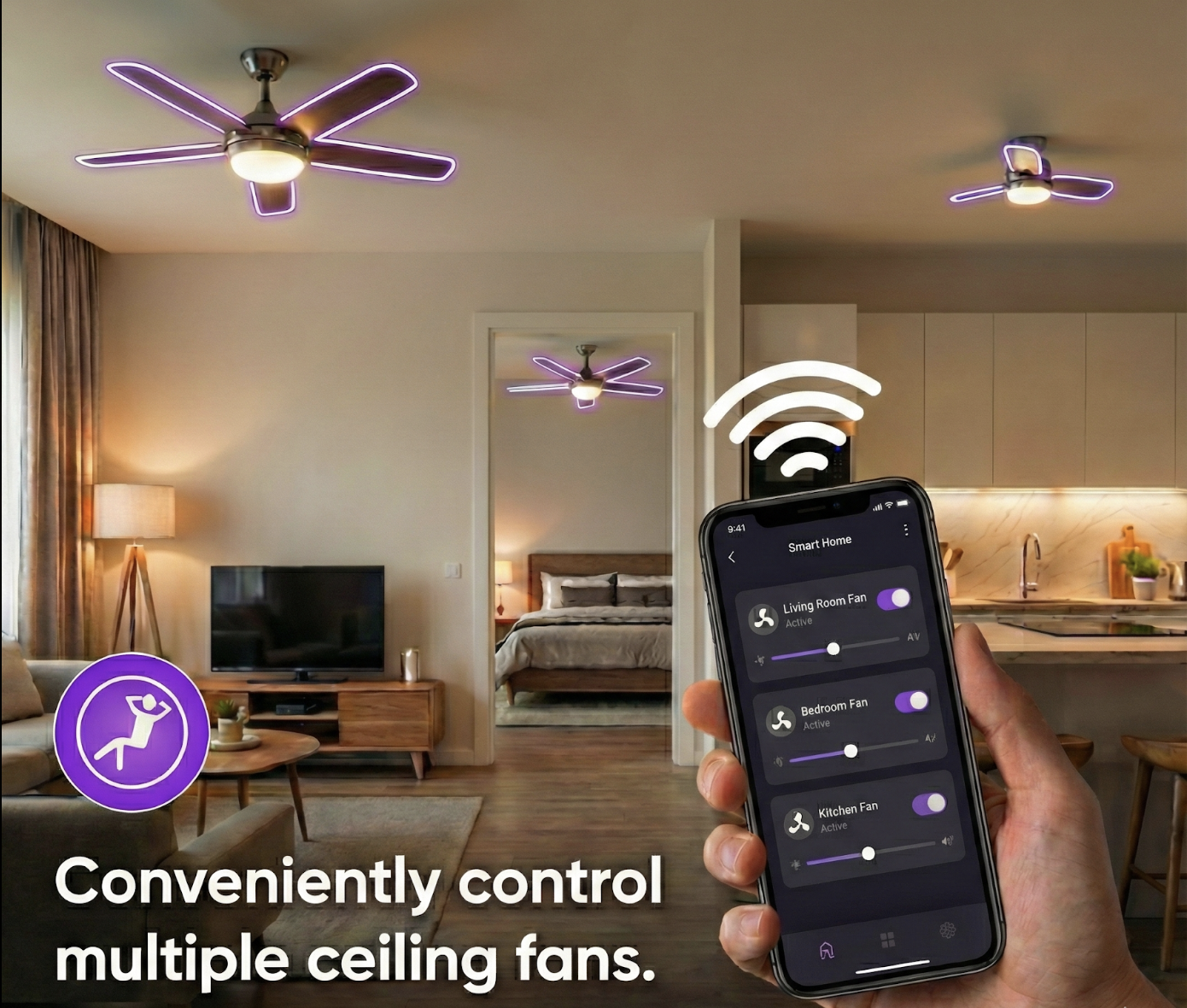 Living room with a smartphone controlling ceiling fans with purple neon lights in a modern apartment.