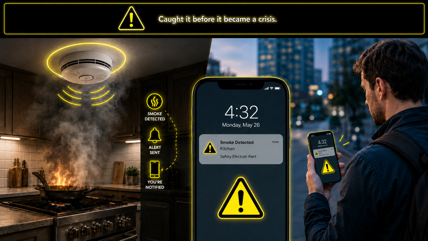 A fire on a stove in a kitchen with a smoke detector above. A man outside at dusk is looking at his phone, which displays a notification about smoke detected in the kitchen. The image includes yellow warning icons and text indicating smoke detection and alert notification.