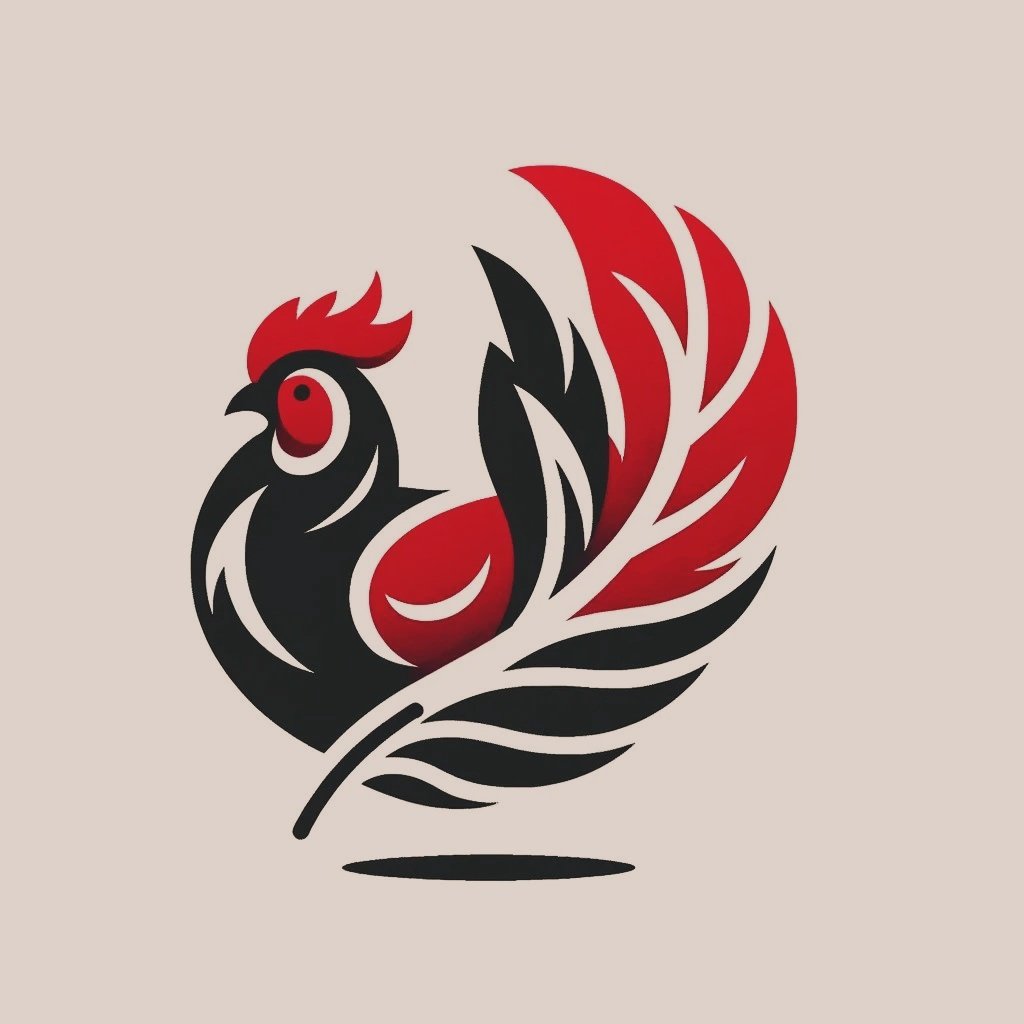 Stylized illustration of a rooster with red, black, and white colors, incorporating feather and leaf motifs on a beige background.