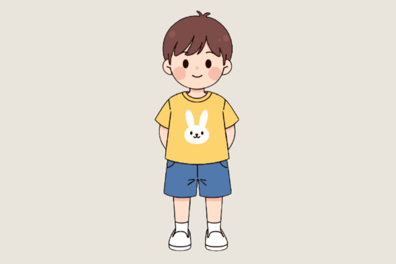 A cartoon boy with brown hair, wearing a yellow T-shirt with a white bunny face, blue shorts, white socks, and white shoes, standing against a plain beige background.
