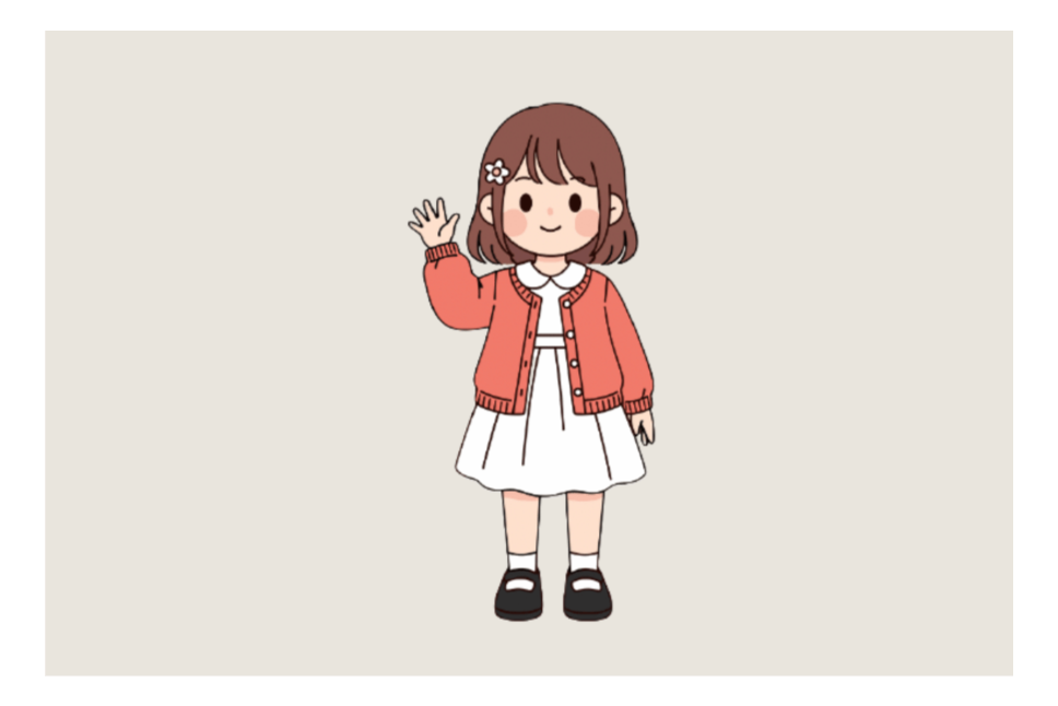 Cartoon girl with brown hair, wearing a coral jacket, white dress, black shoes, and a white flower hairpin, waving.