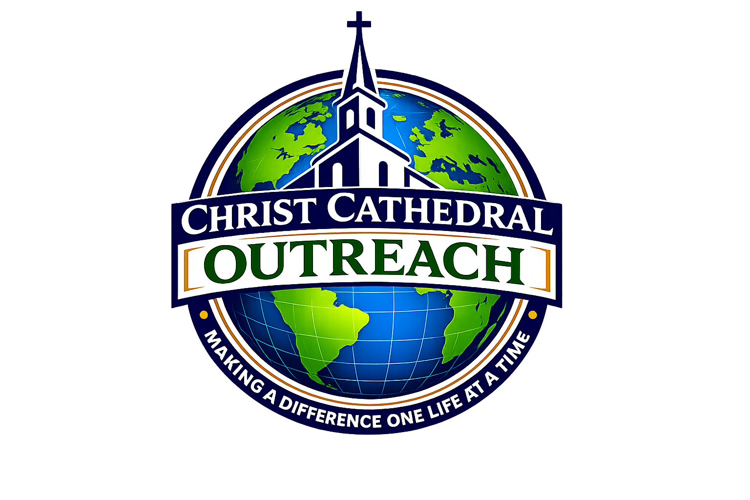 Logo for Christ Cathedral Outreach featuring a globe with North and South America, Europe, and Africa, a church steeple on top, and text 'Christ Cathedral Outreach' with the tagline 'Making a Difference One Life at a Time'.