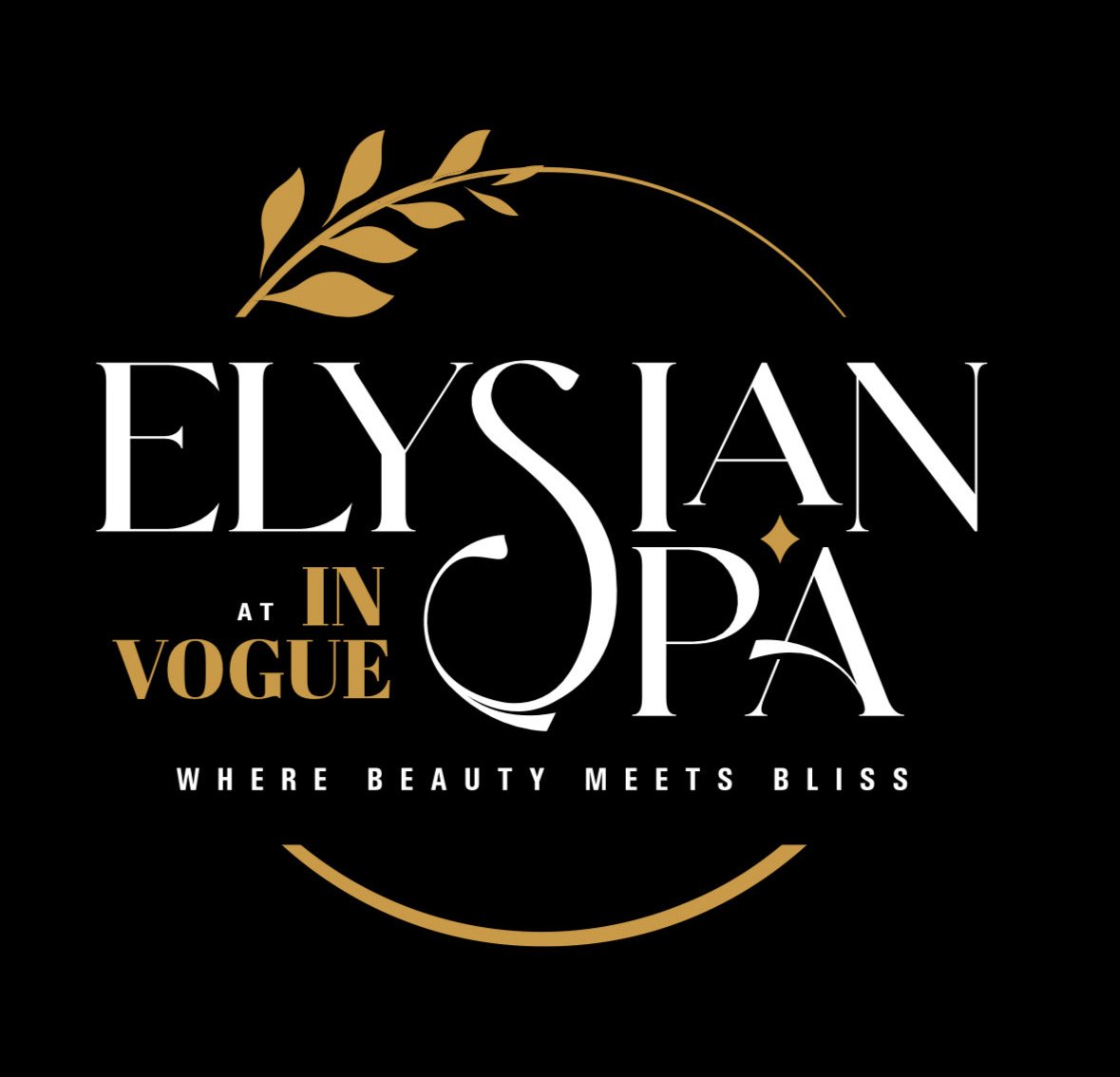 Logo for Elysian Spa at Vogue, featuring gold and white text with a gold leaf design on a black background, and slogan 'Where Beauty Meets Bliss'.