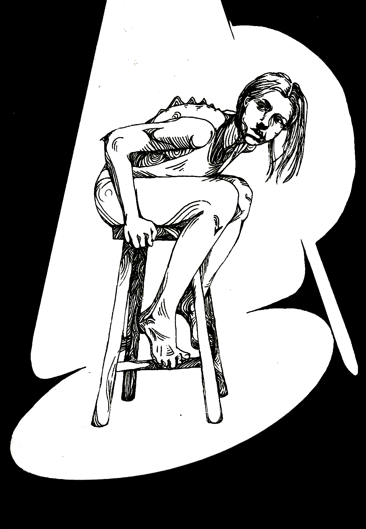 Black and white sketch of a woman sitting on a chair with her body leaning forward. She has long hair and is drawn in patterns.