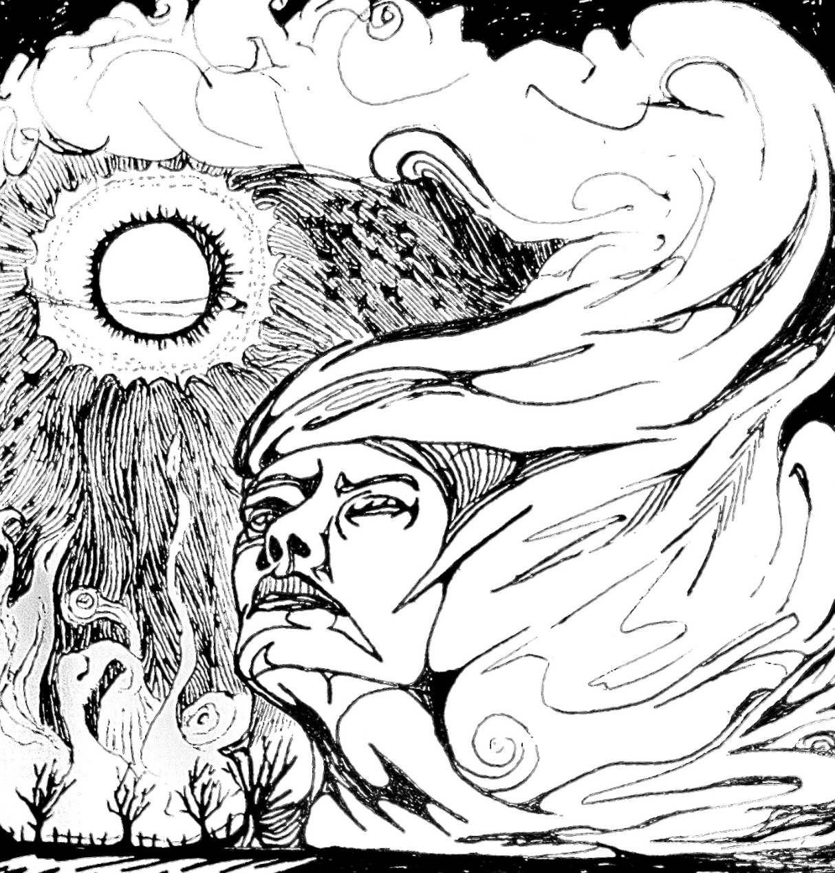 Black and white illustration of a woman's face with flowing hair, a large sun, and swirling clouds in the sky, with trees at the bottom.