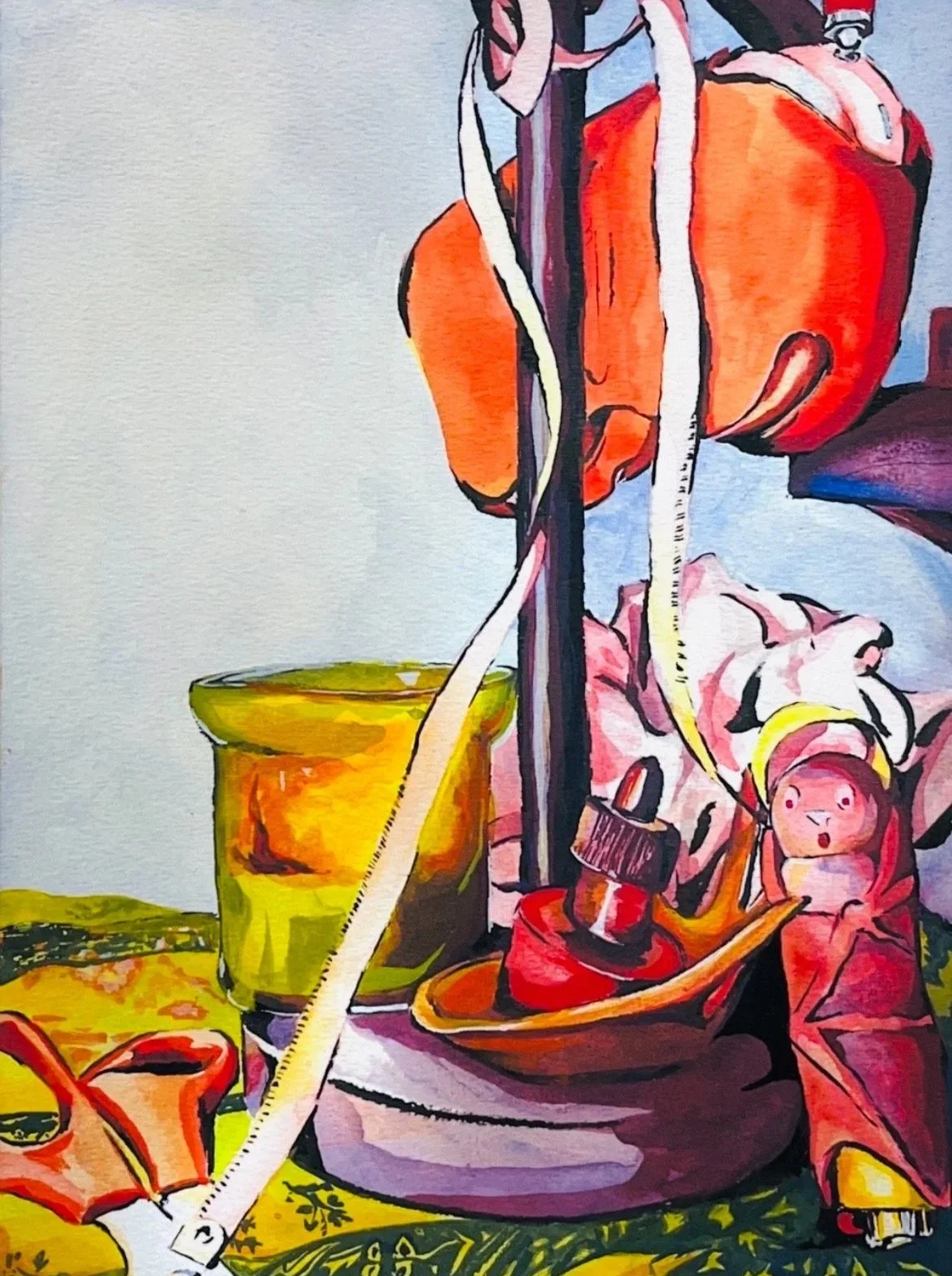 Colorful artwork depicting a still life composition with a green candle, headphones, a lighter, a louffa, and a measuring tape, all set against a blue background.