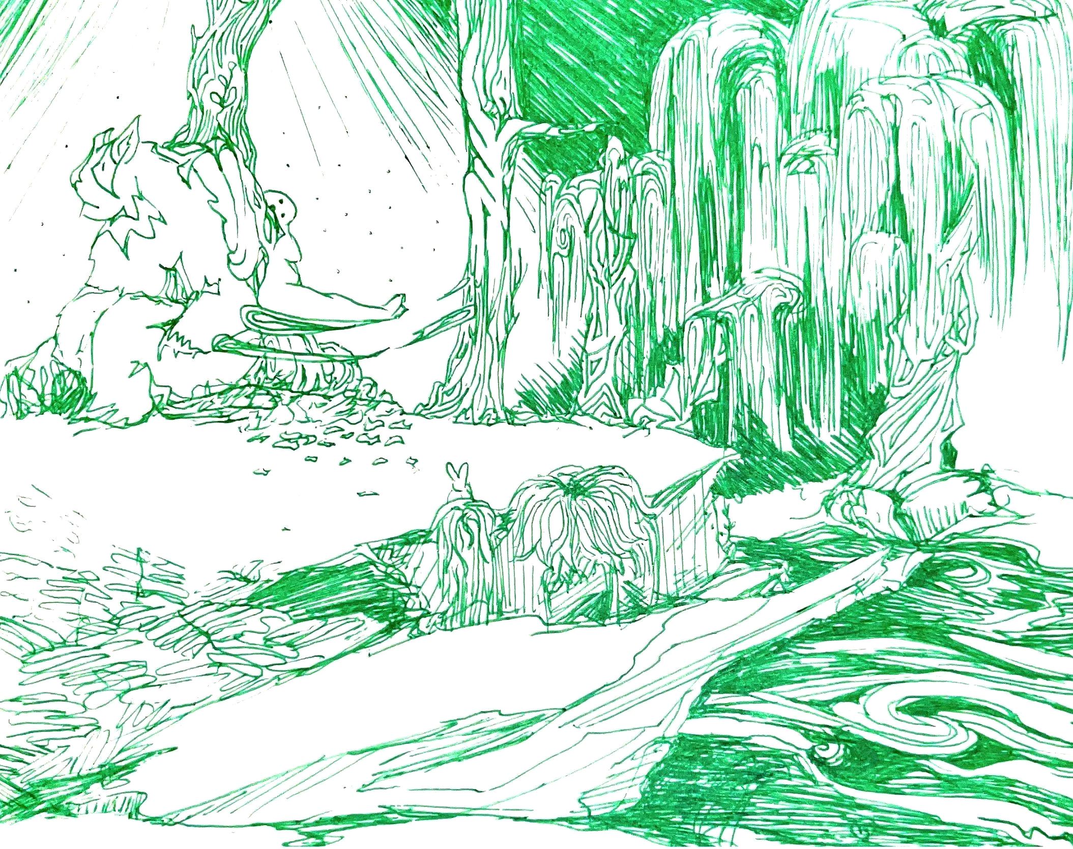 A detailed line drawing of a lush forest scene with trees, foliage, and a small animal at the bottom, all illustrated in green.