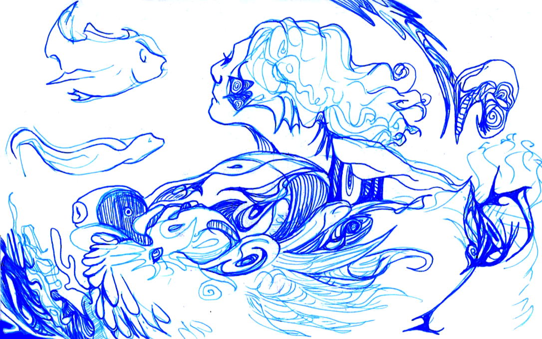 Blue abstract sketch featuring fish, a face, and flowing lines.