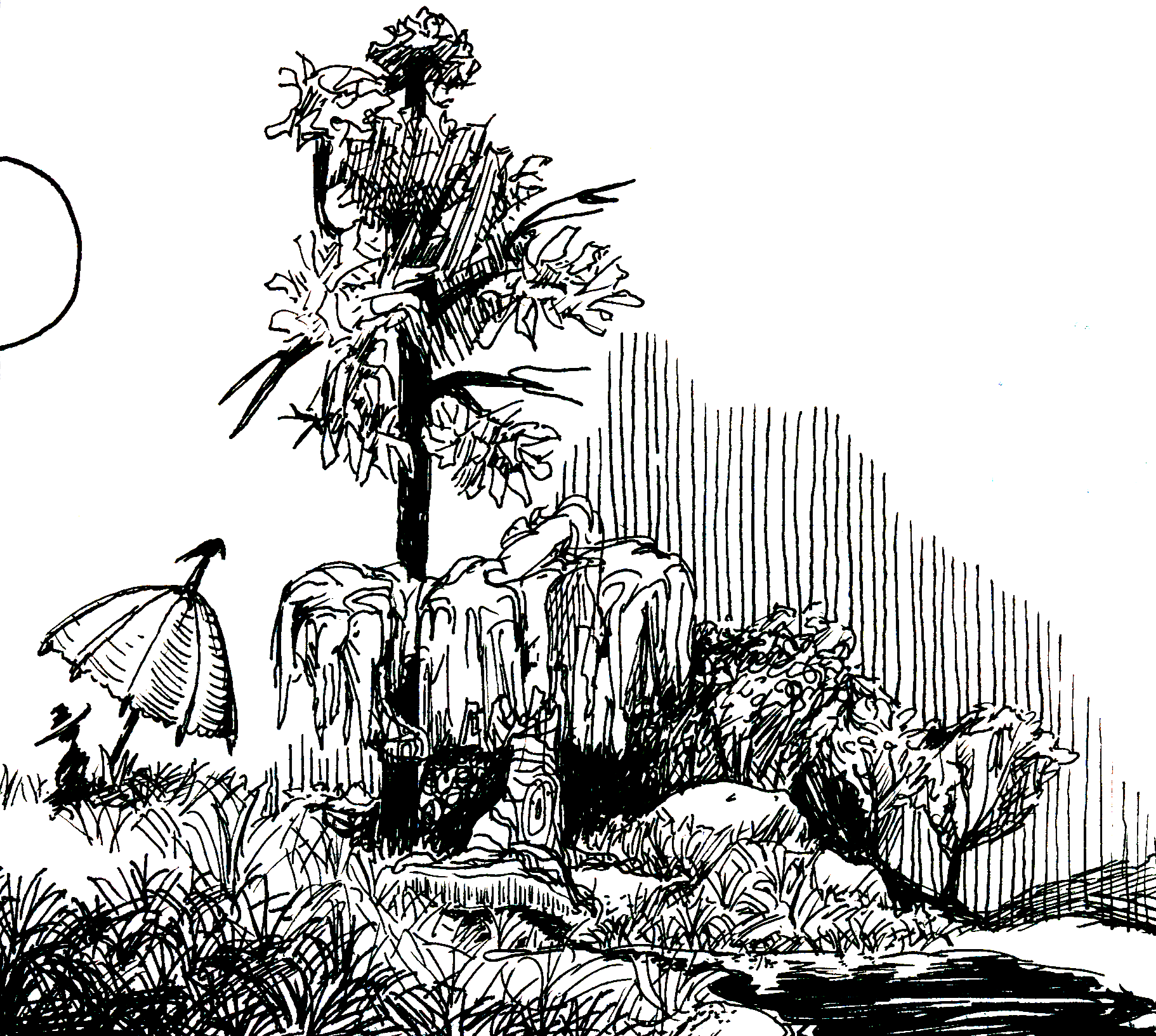 A black and white line drawing of a rural garden scene with a large, leafy tree, tall grass or crops, and various smaller plants and flowers at ground level.