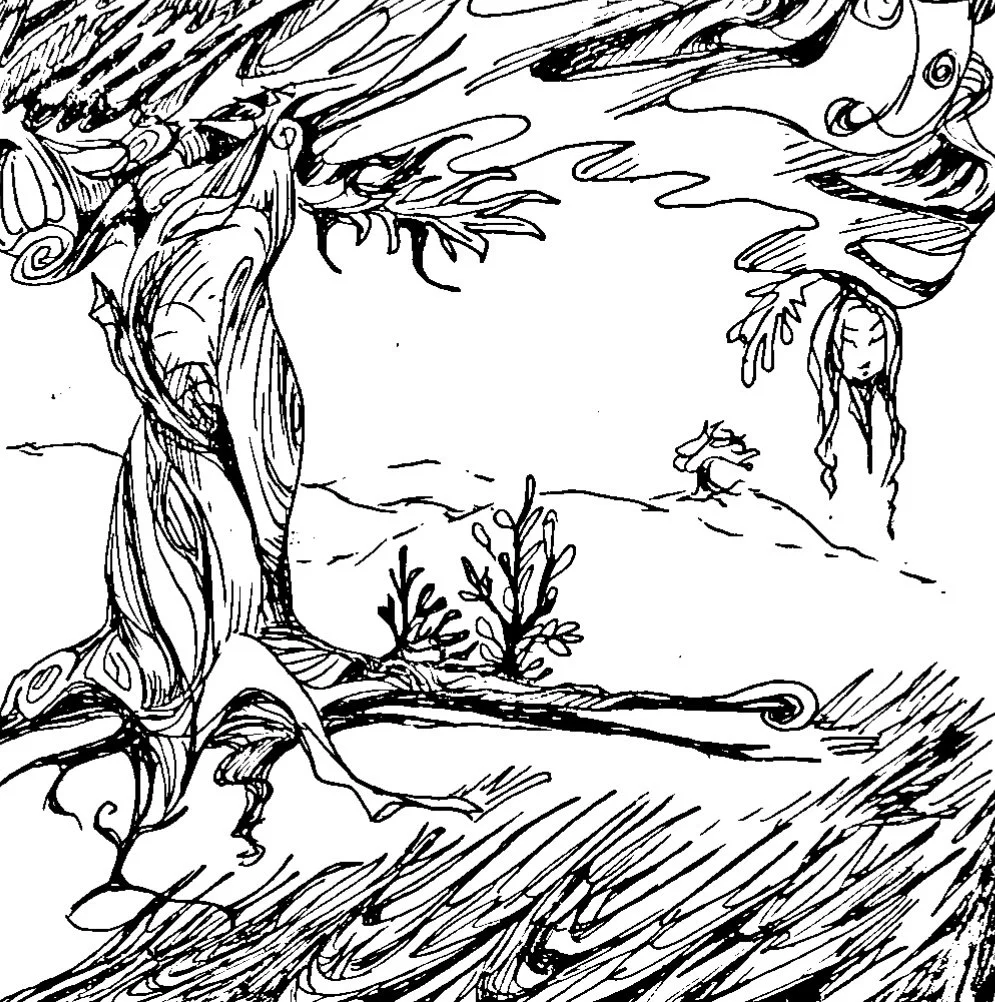 Black and white line drawing of a forest scene with trees, plants, and a head hanging from a branch.