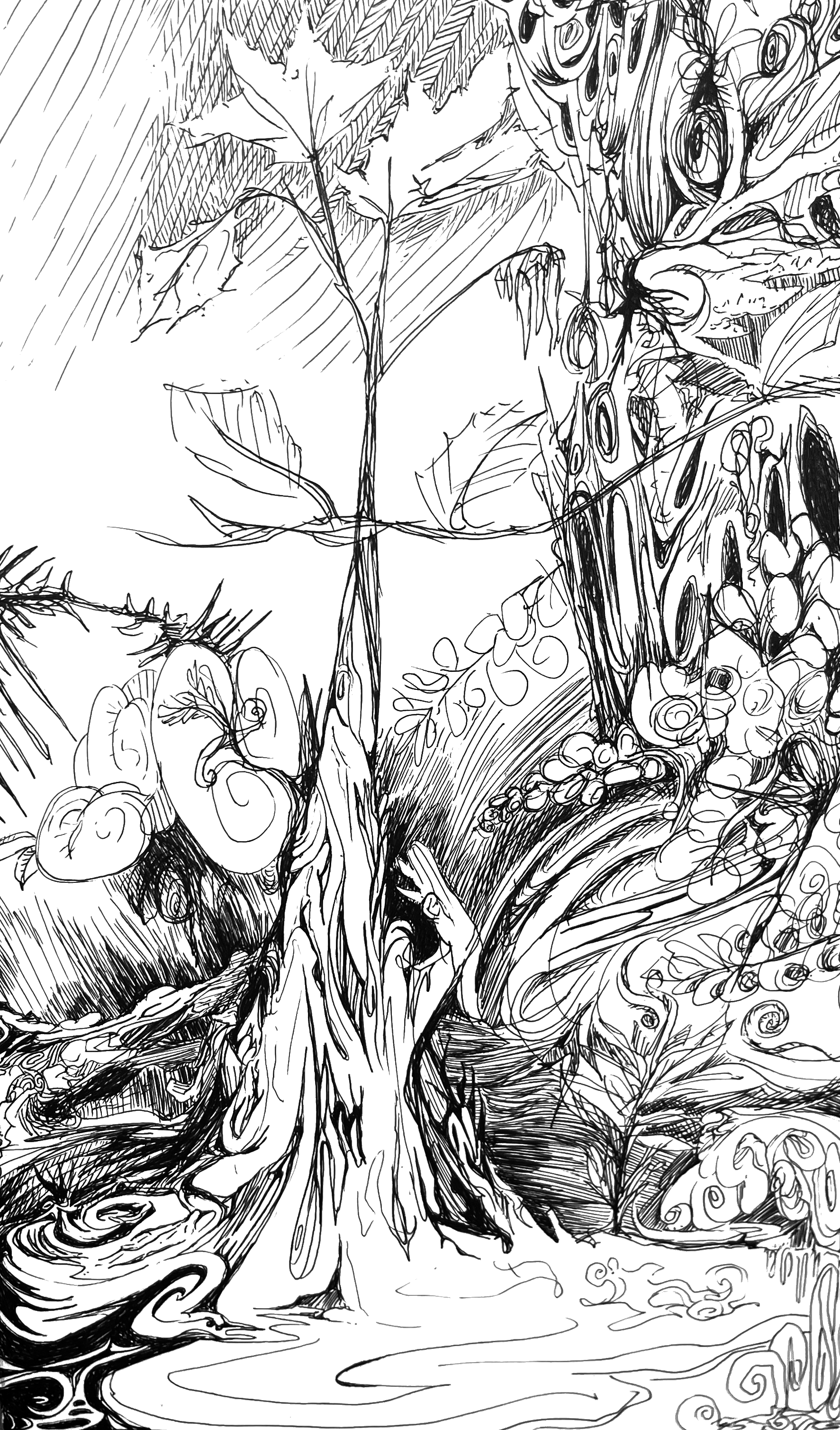 A detailed black and white line drawing of a fantasy scene featuring a majestic tree with twisting branches and leaves and various abstract and natural elements surrounding the scene.