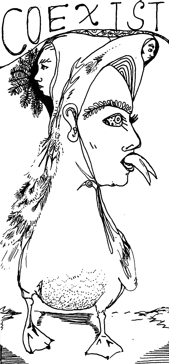 A black-and-white line drawing of a mythological creature with the body of a bird, human-like face, and tongue sticking out. The creature has an elaborate headdress and the word "COEXIST" written above it.