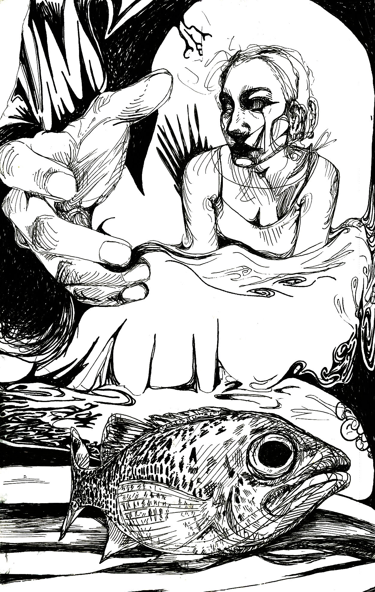 A black-and-white sketch of a fish in the foreground with detailed scales and eye. In the background, there is a stylized drawing of a person and a large hand.