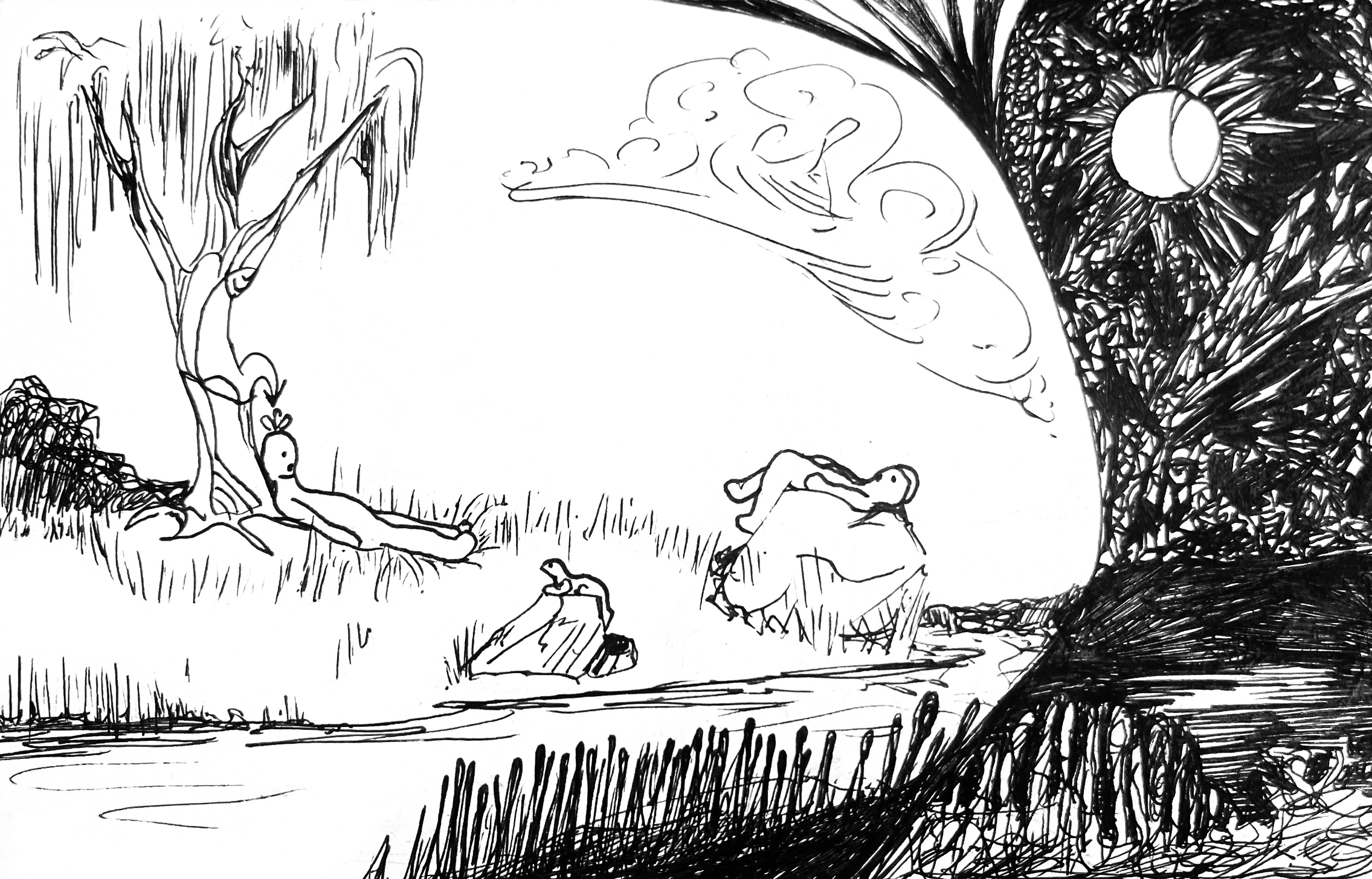 A black and white drawing depicting a natural scene with trees, a river, and several figures of people including a person sitting, a person lying down, a lizard walking or standing near the water.