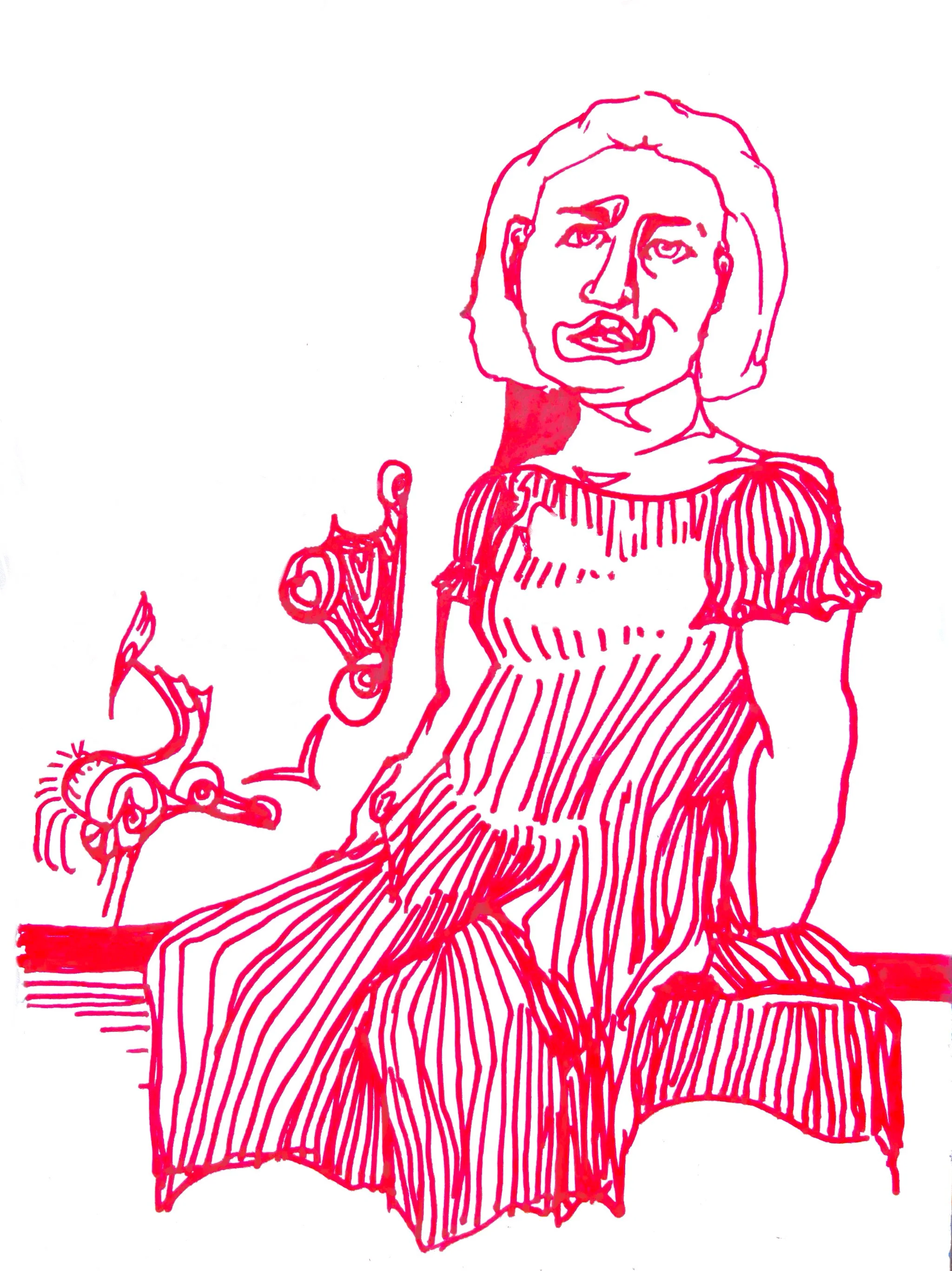 A line drawing of a woman sitting on a bench, rendered in red lines on a white background.
