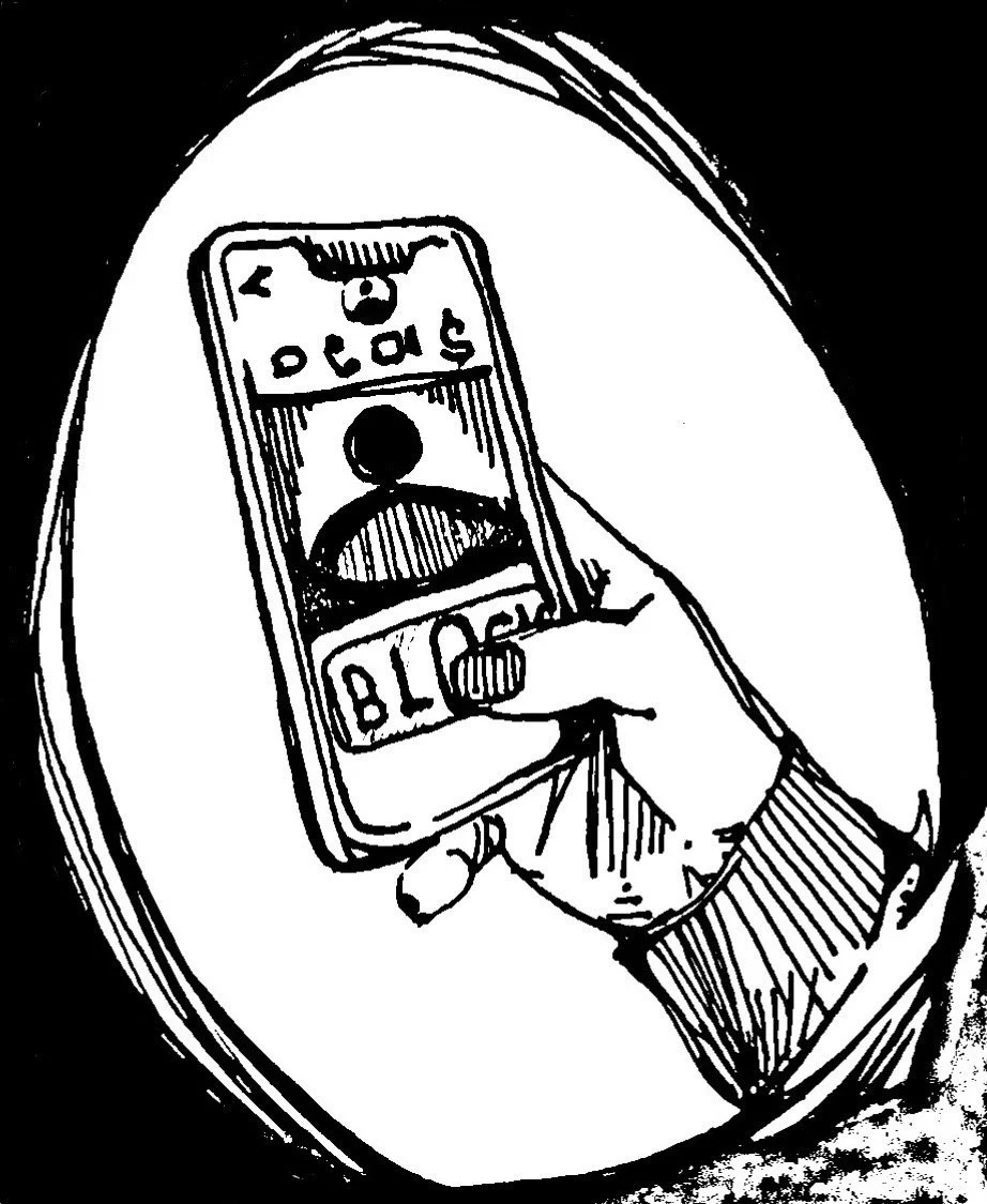 Black and white sketch of a hand holding a smartphone with a video call on the screen.