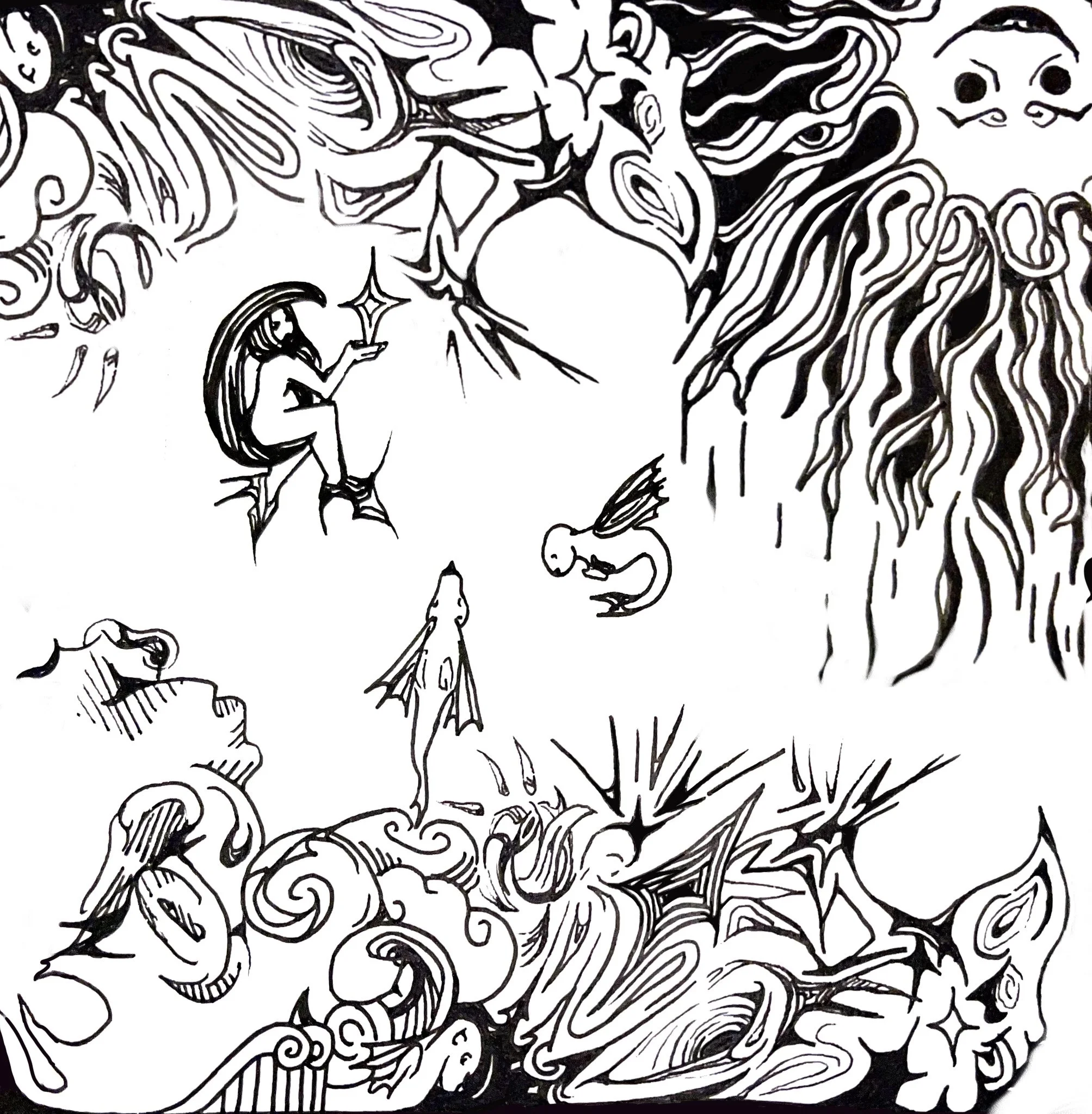 A black and white abstract line drawing featuring the profile of a woman with flowing hair, surrounded by various whimsical and stylized creatures and shapes.