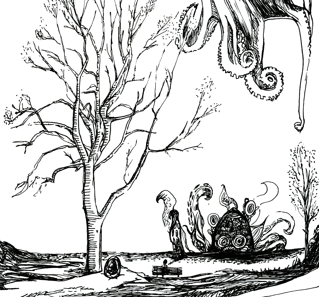 A black and white sketch of a natural scene featuring large trees with Bare branches, and a strange, tentacle-like creature or structure in the water, with swirling patterns and multiple eye-like shapes.
