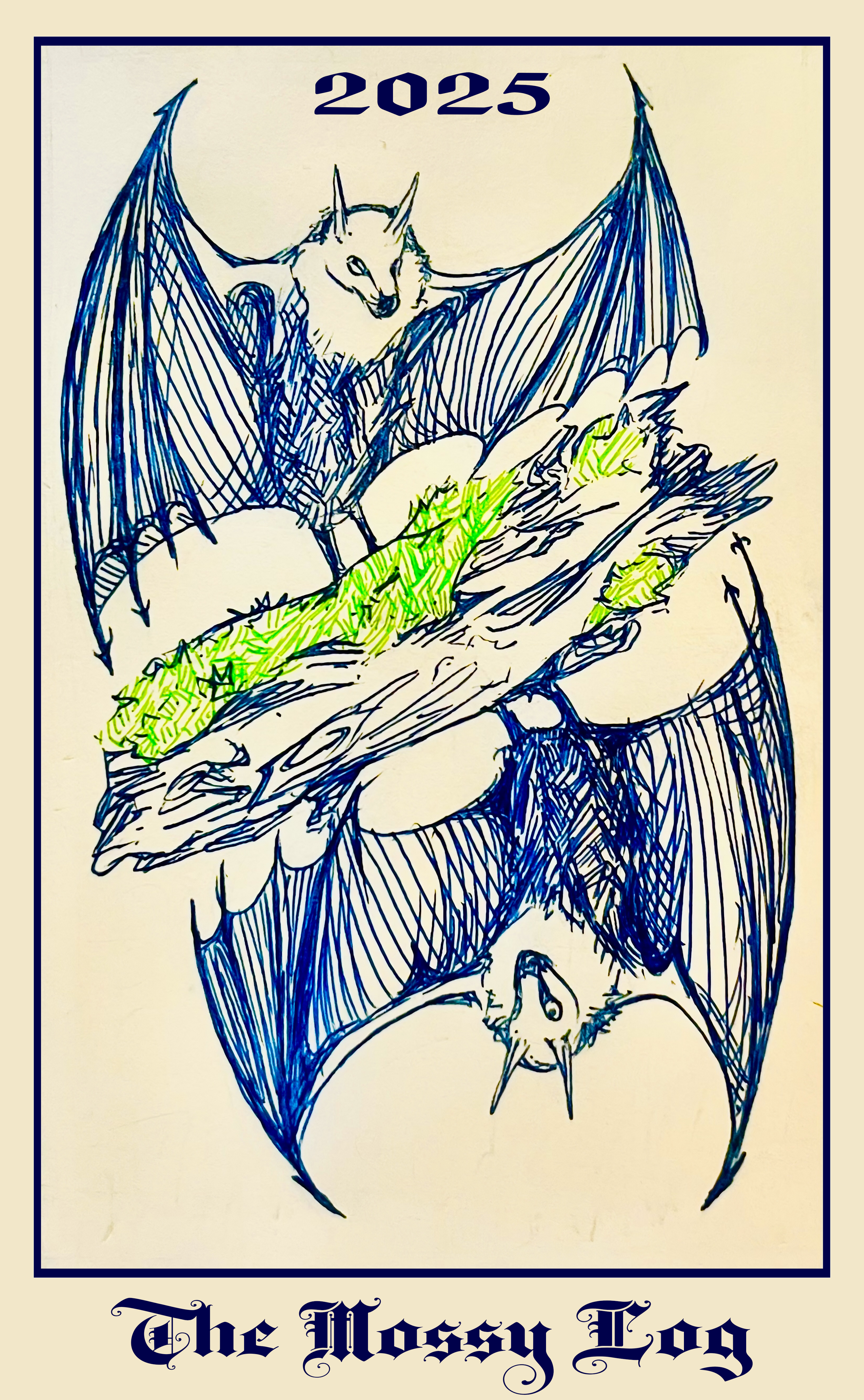 A hand-drawn illustration of two bats with large wings spread out. The illustration is mostly done in blue ink, with some green highlights on the log they stand on. The text '2025' is at the top, and 'The Mossy Long' is at the bottom.