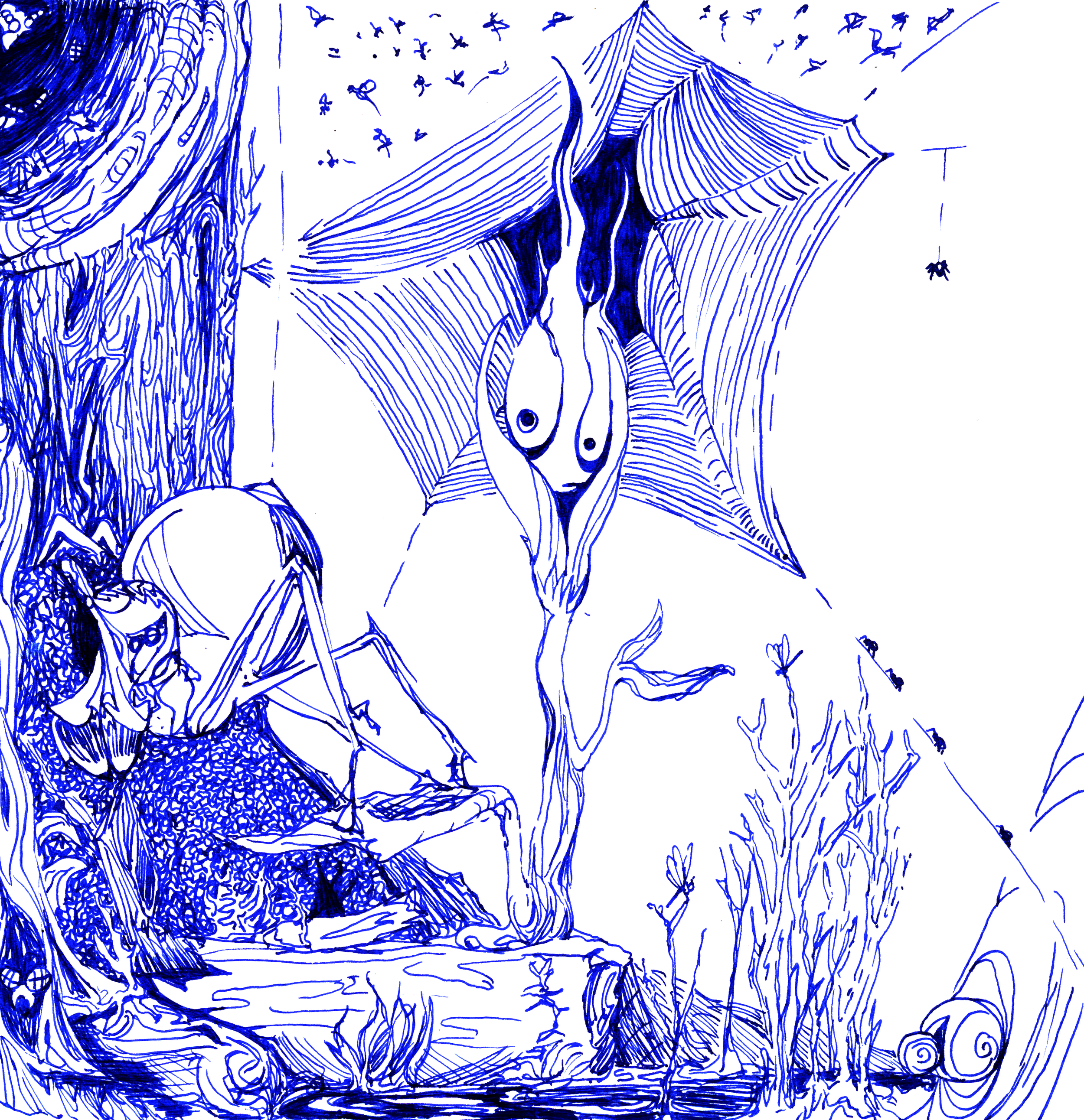 A detailed line drawing of a plant creature with a large, textured canopy and a thick trunk, surrounded by small plants and flowers.