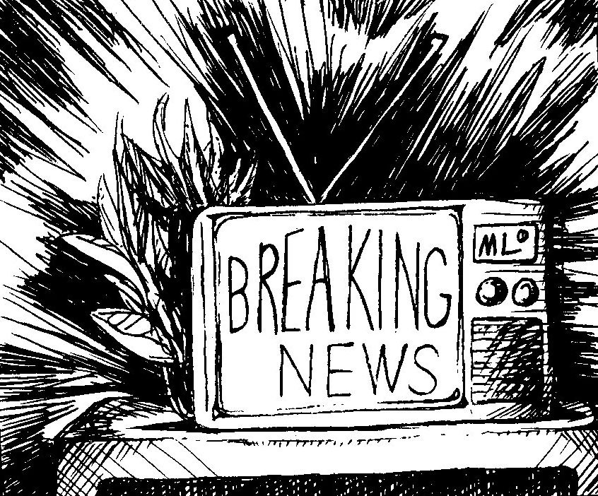 Black and white hand-drawn illustration of a vintage television set displaying 'BREAKING NEWS' on its screen with plants around it and radiating lines indicating an announcement.