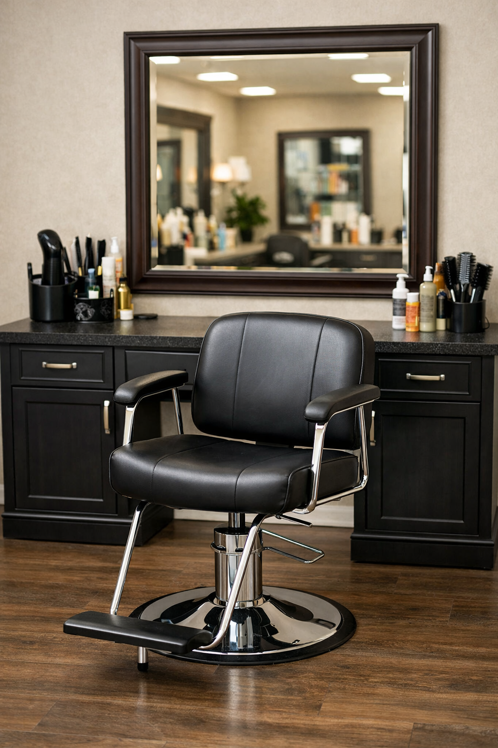 Salon styling station with a black barber chair, a large mirror, and a black cabinet with hair styling tools and products.