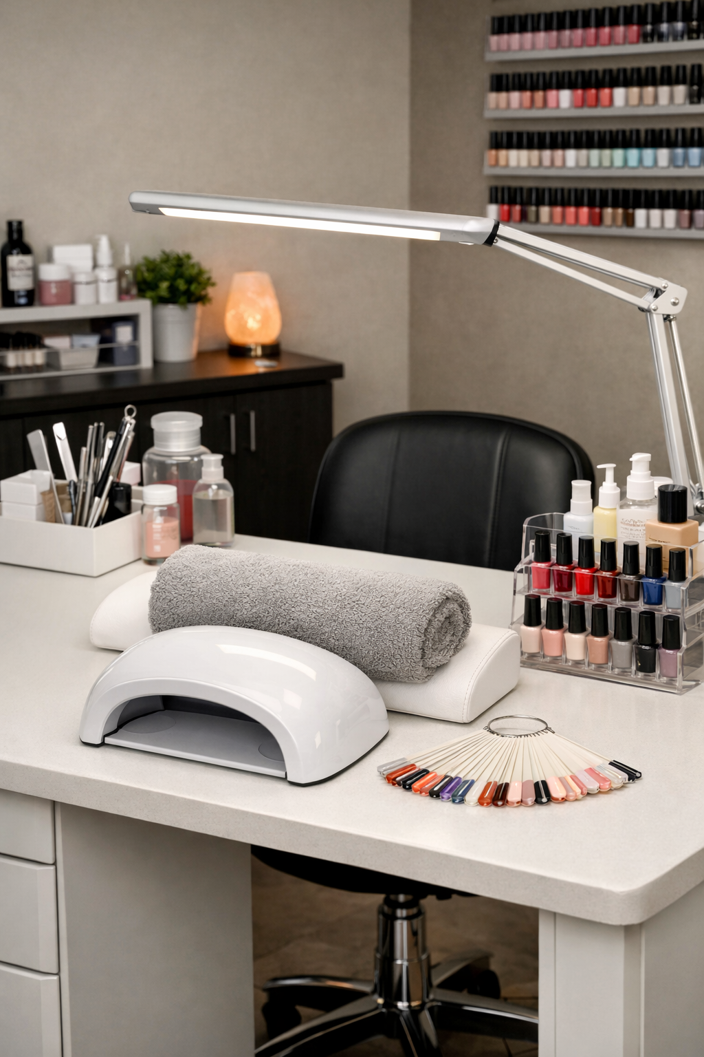 Nail salon workspace with lamp, nail polish samples, and manicure tools on a white table