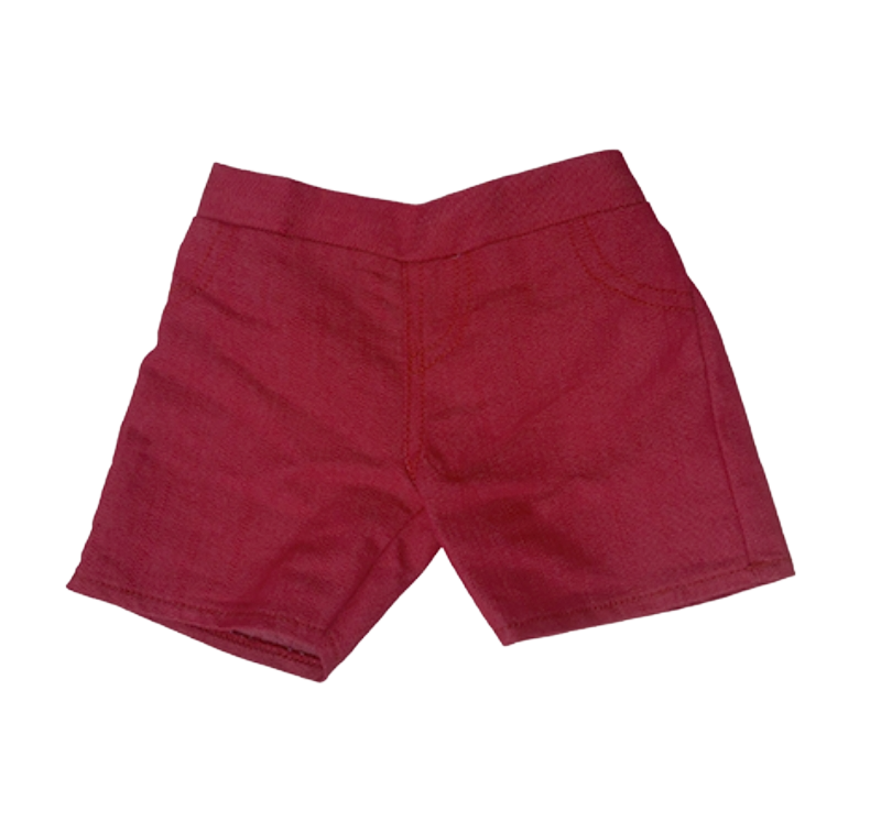 Red shorts with a side pocket and waistband in front view.