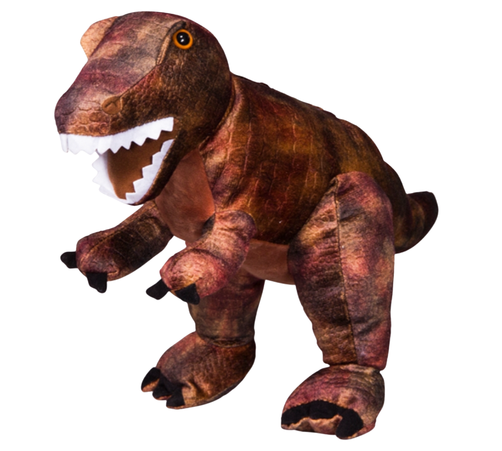 A plush Tyrannosaurus rex toy with a realistic appearance, open mouth revealing teeth, and small arms, set against a black background.