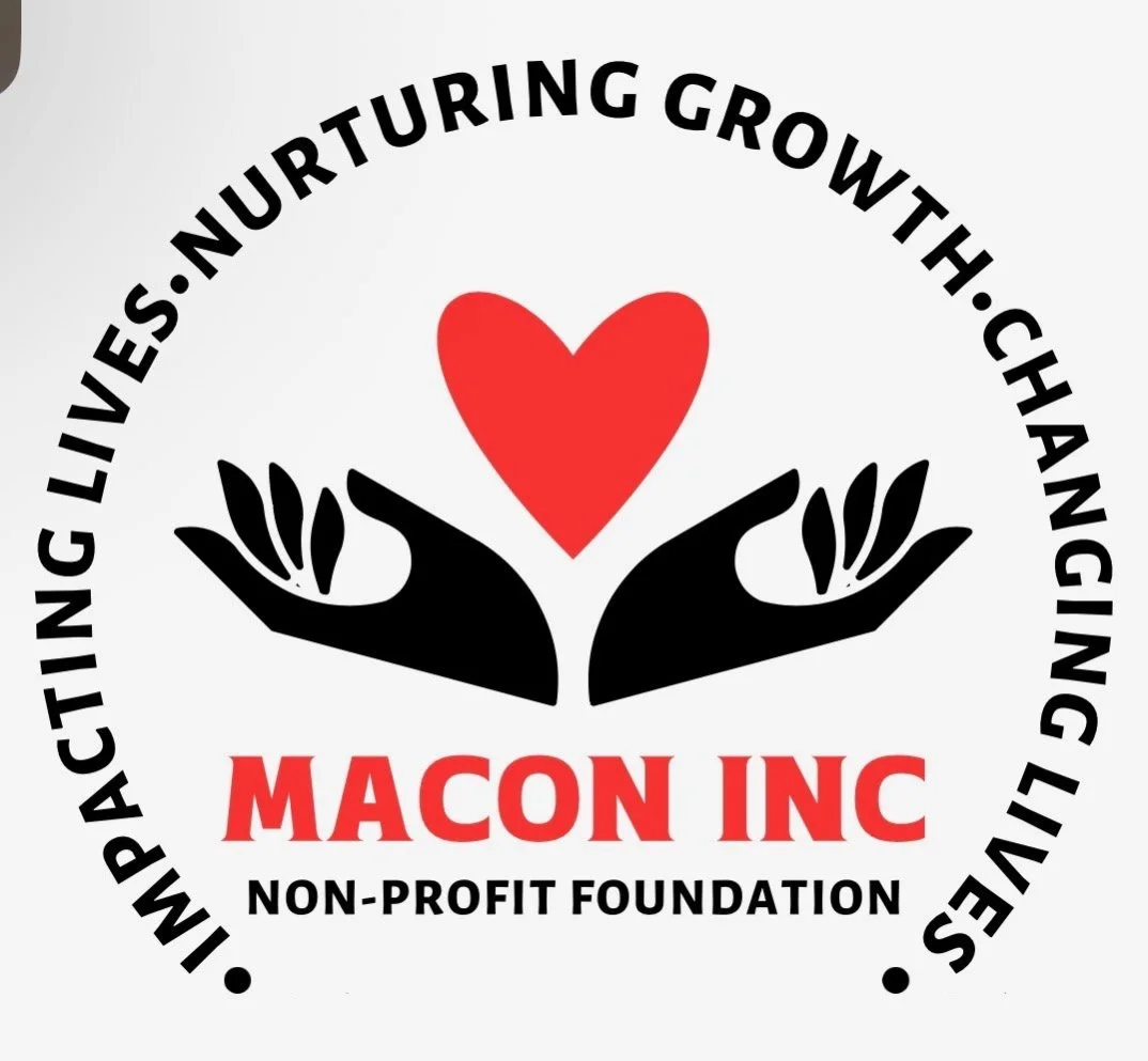 Logo for Macon Inc, a non-profit foundation focusing on nurturing growth, change, lives, and impact, featuring two black hands holding a red heart.