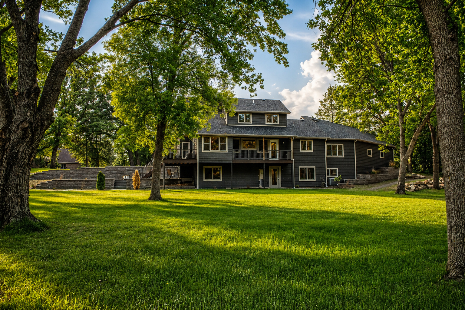 A large black house with multiple levels and a spacious backyard with green grass, trees, and a stone patio.