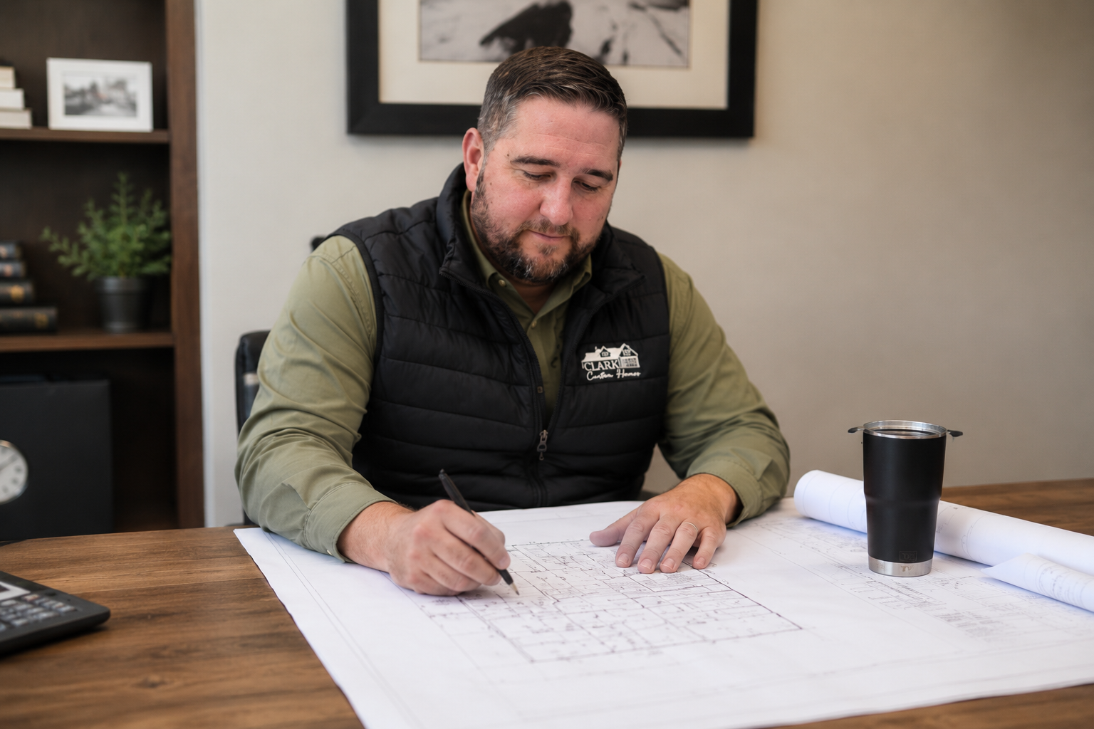 Man analyzing architectural blueprints at a desk with a travel mug and a calculator
