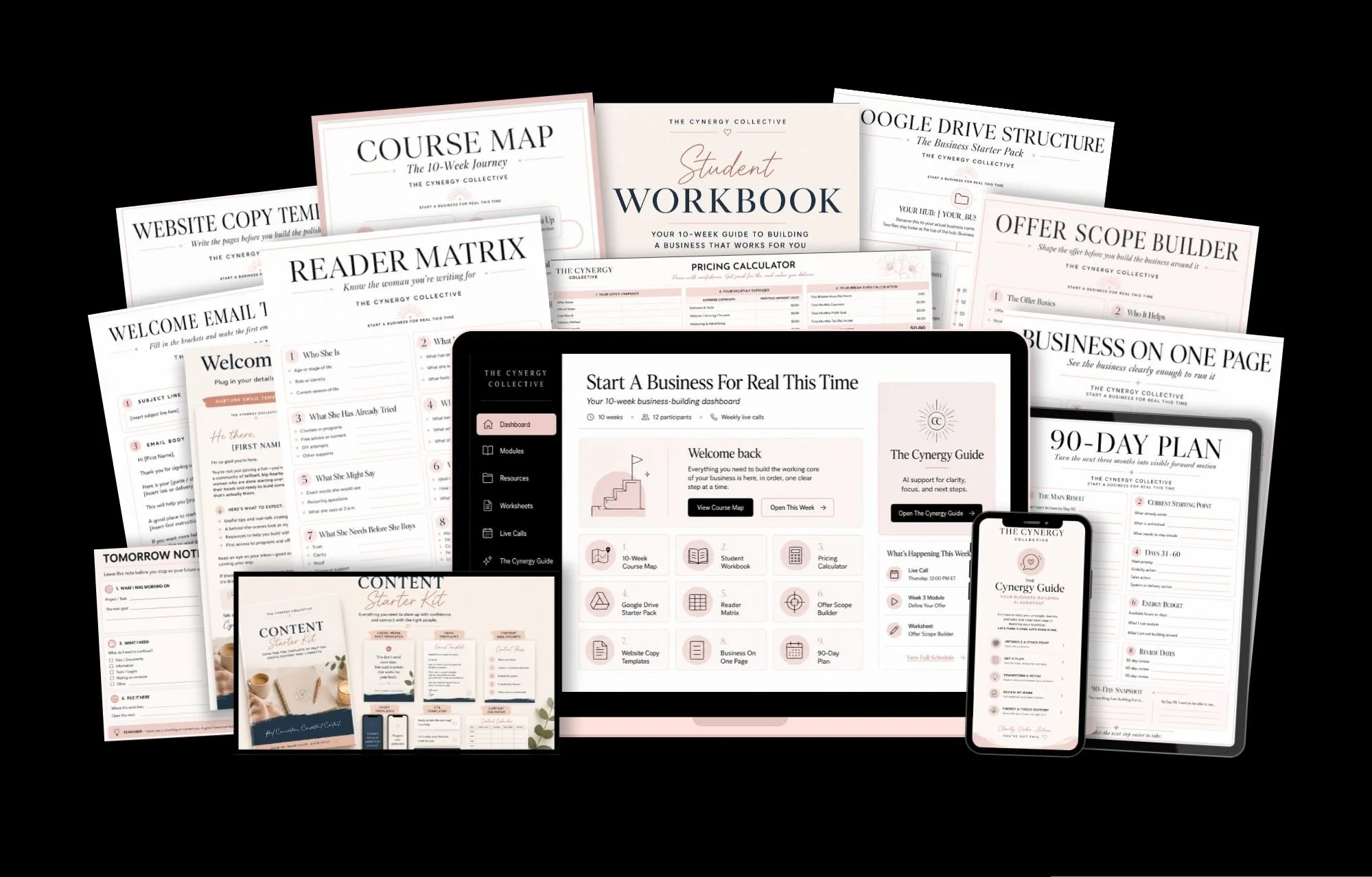 Multiple digital and printed marketing and business planning templates, including course maps, workbooks, website templates, and planning documents displayed on screens and paper.