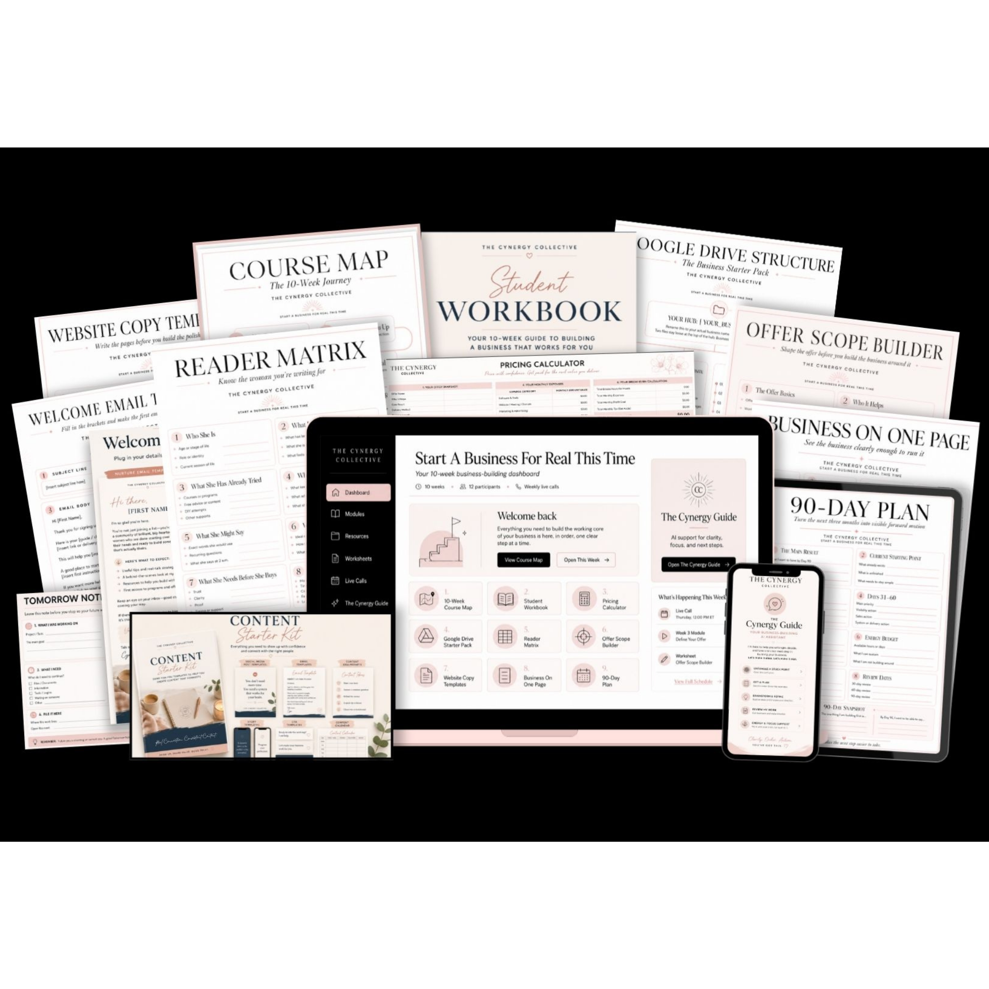 The full set of course materials: course map, student workbook, website copy templates, pricing calculator, offer scope builder, and the 90-day plan.