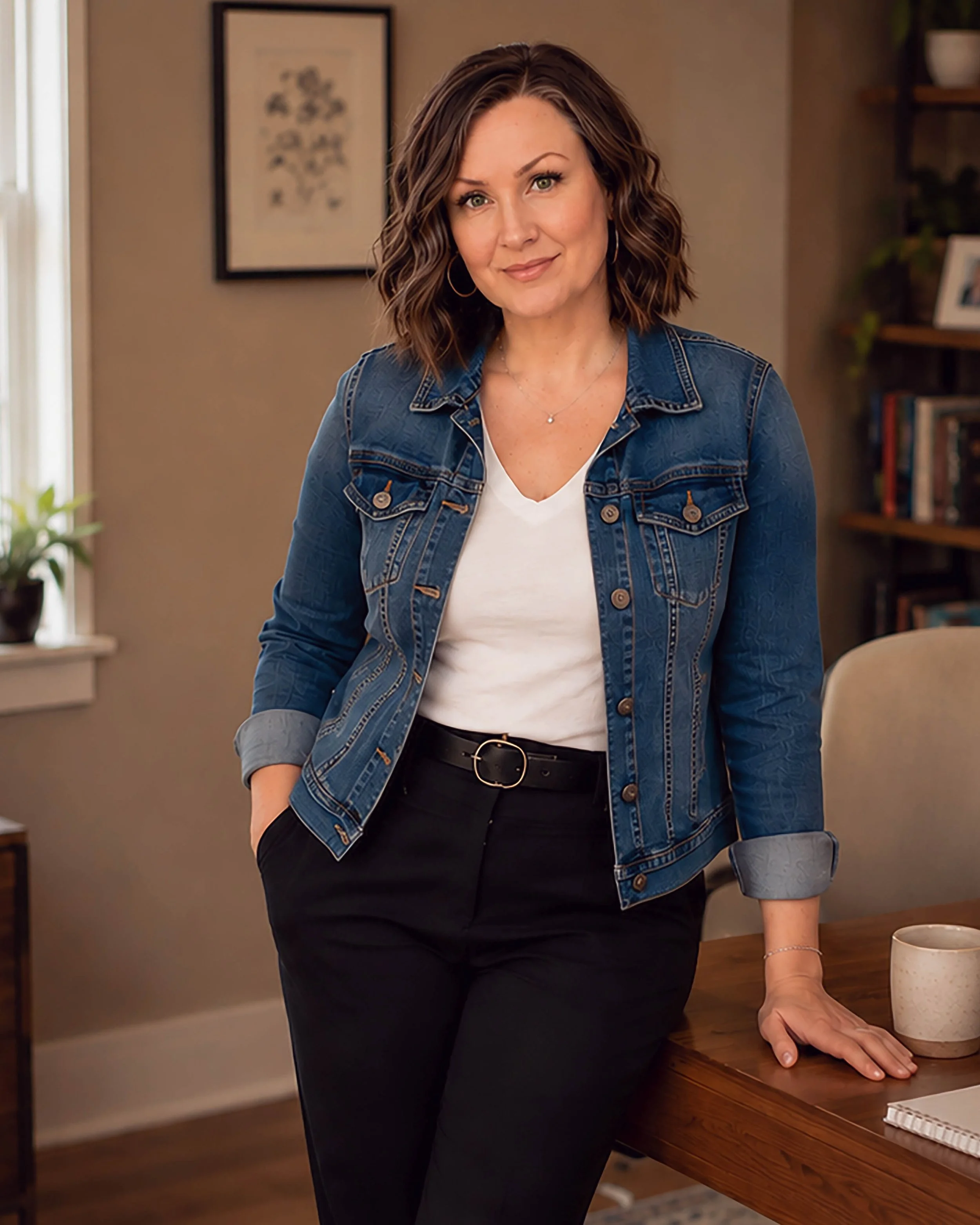 Cyn, founder of The Cynergy Collective, in her home office wearing a denim jacket.
