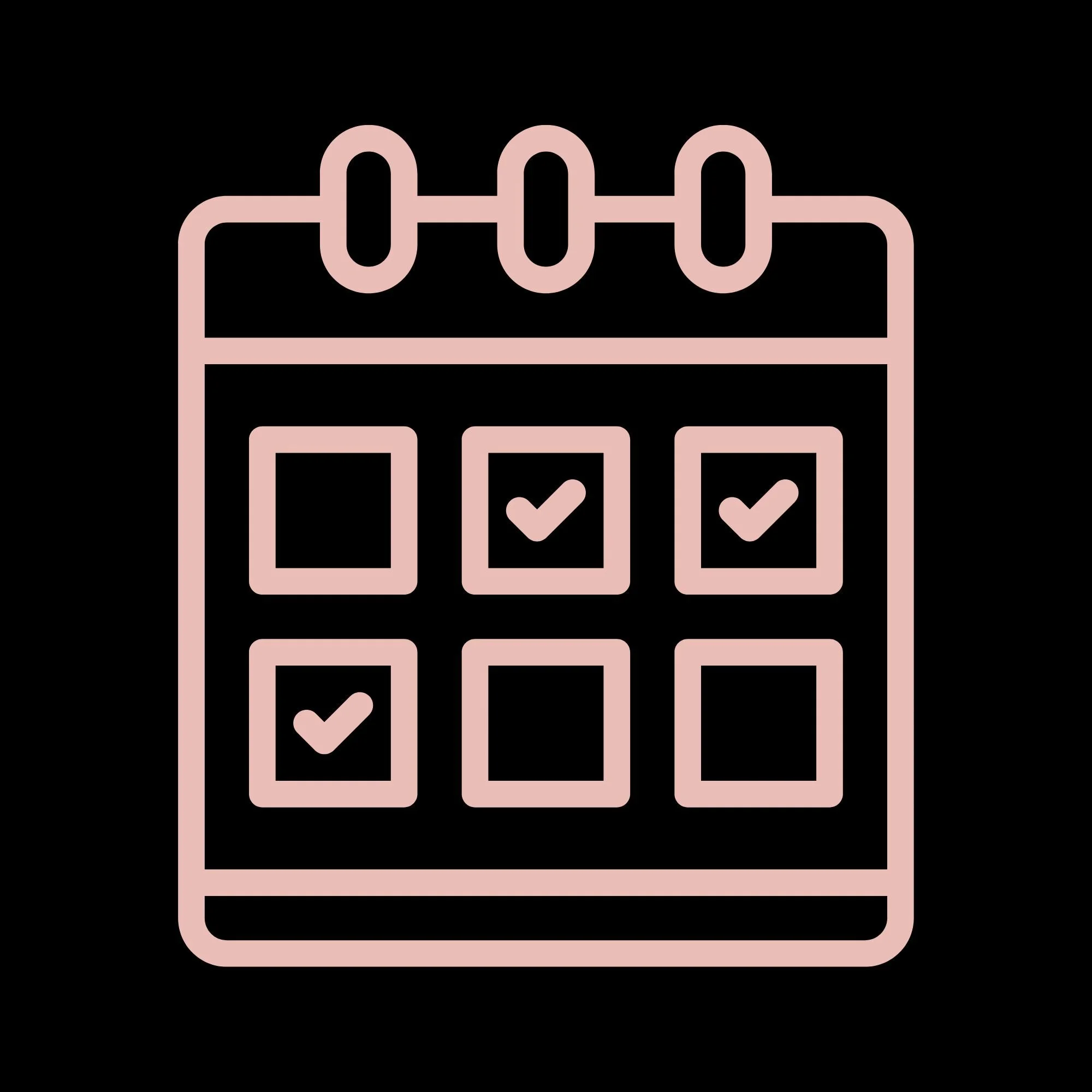 Outline of a calculator with checkmarks in some of its display screens, depicted in light pink on a black background.