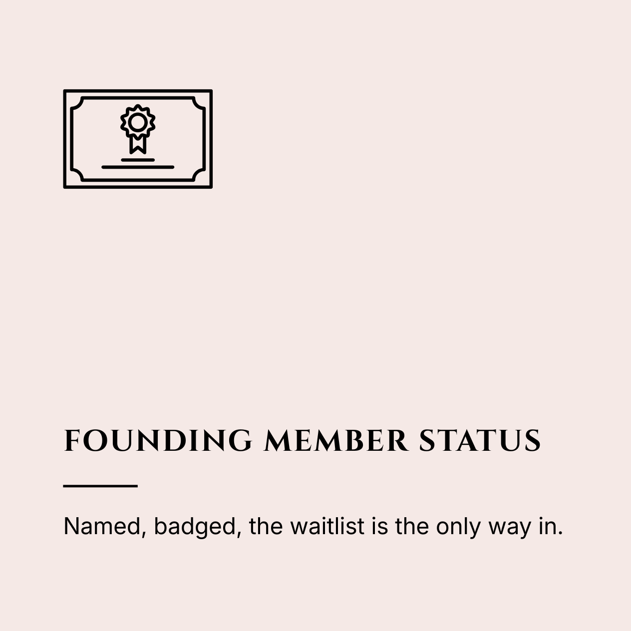 Graphic with a certificate icon at the top left and the text 'Founding Member Status' in bold, followed by the phrase 'Named, badge, and a price that never returns.'