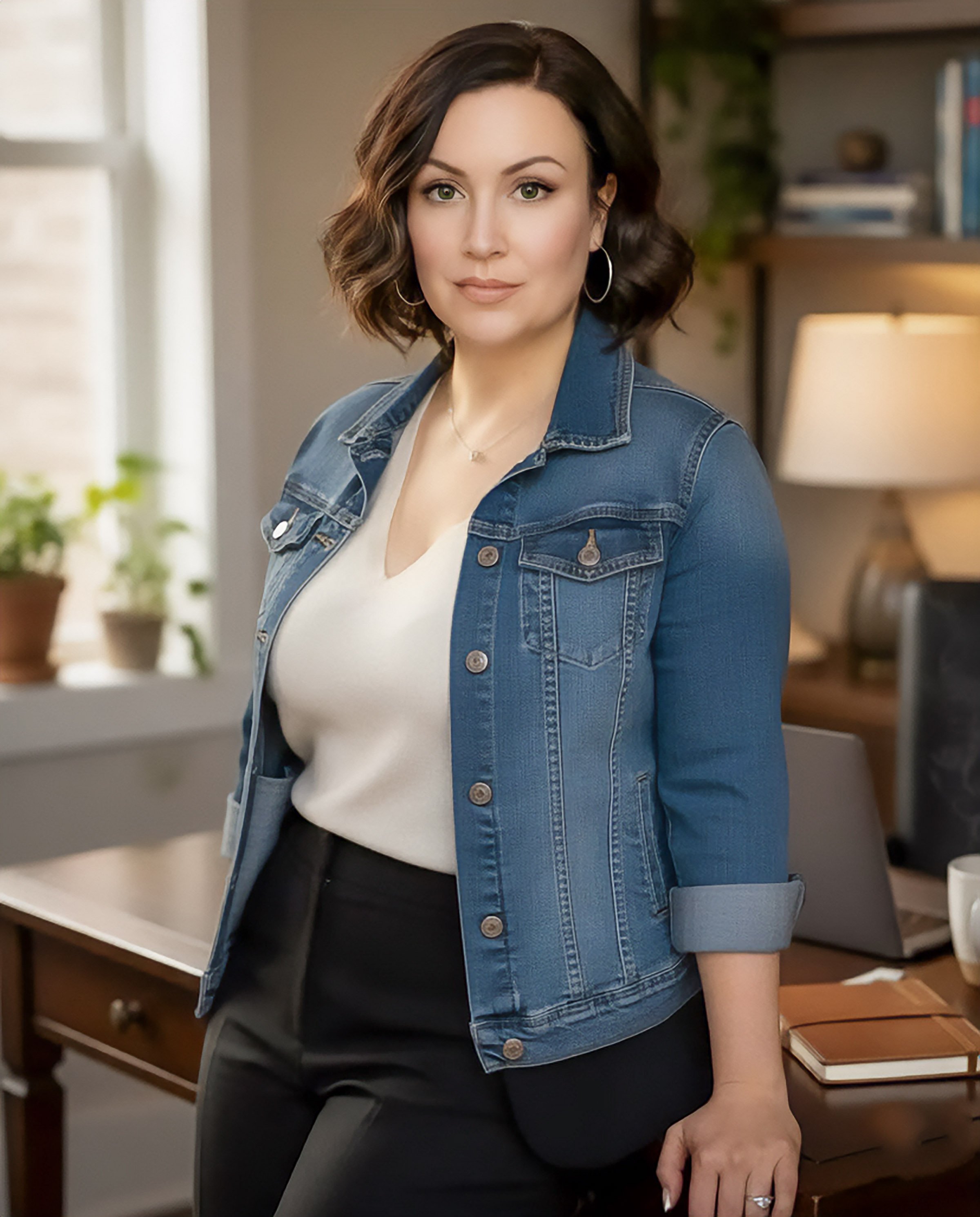A woman with short brown hair and green eyes, wearing hoop earrings, a white top, a denim jacket, and black pants, standing in a room with bookshelves and a wooden desk.