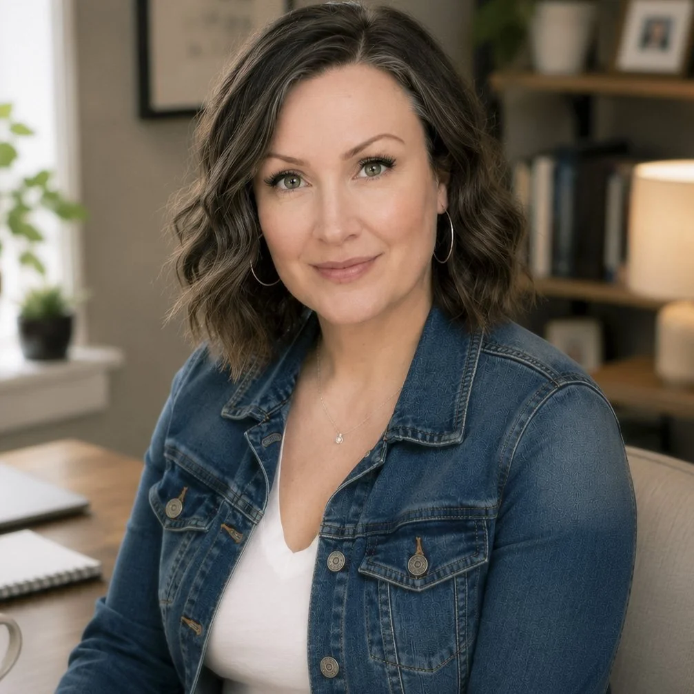 A woman with wavy, shoulder-length brown hair, wearing a denim jacket and small hoop earrings, sitting in a well-lit room with bookshelves and a lamp in the background.