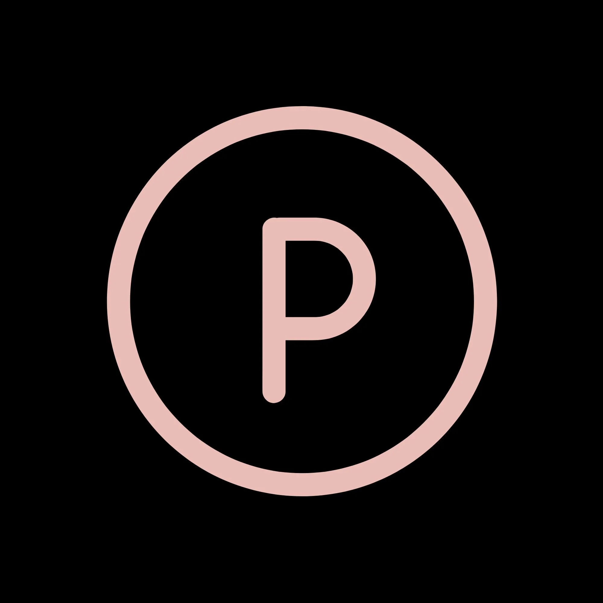 Black background with a pink circle outline containing the letter D in the center.