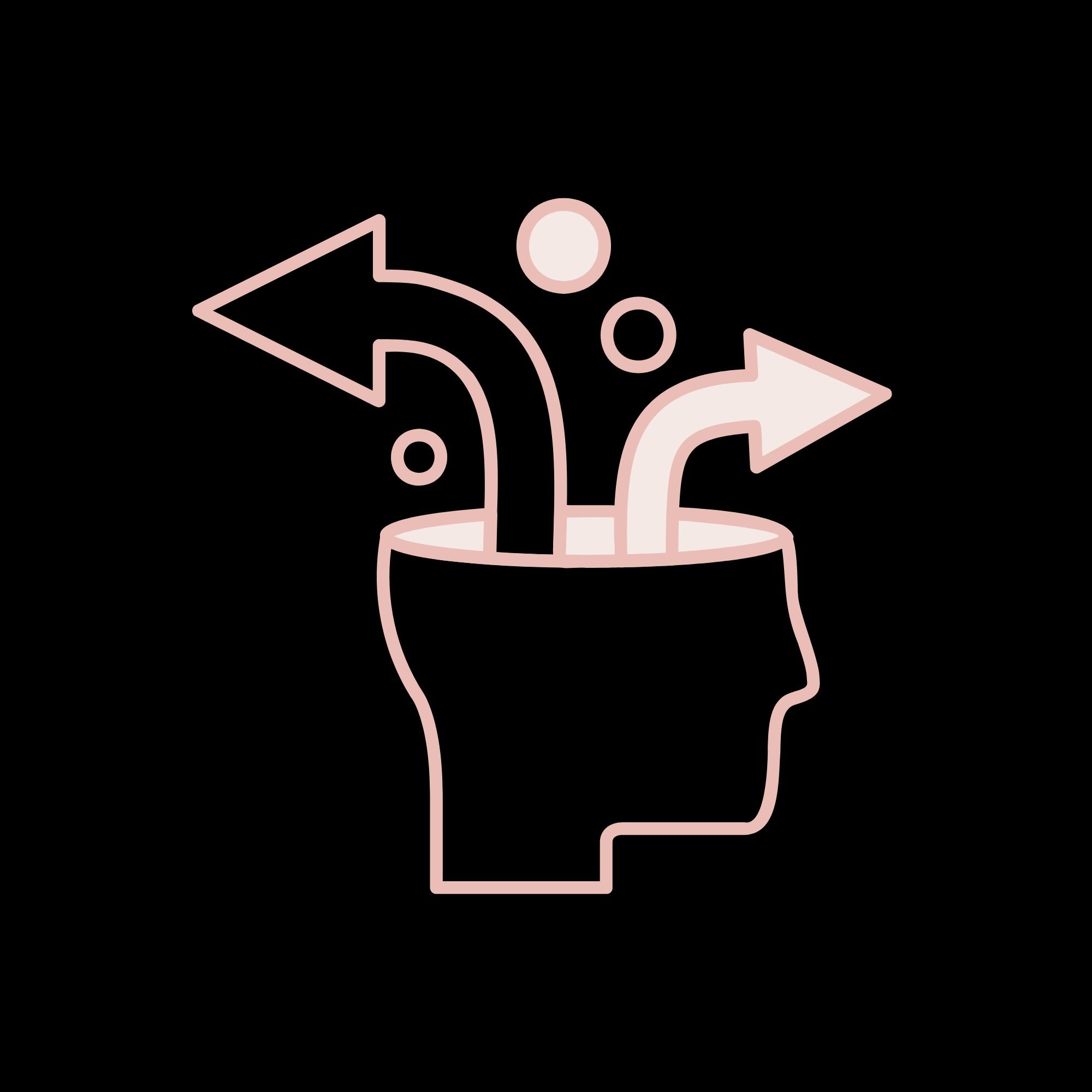 Outline of a face with a surrounding arrow pointing to the right, designed with pink neon lines on a black background.