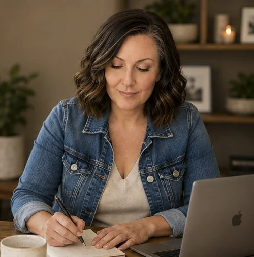 A woman with shoulder-length wavy hair wearing a denim jacket, sitting at a desk with a pen and notebook, a coffee mug, and a laptop, in a cozy room with shelves and plants.