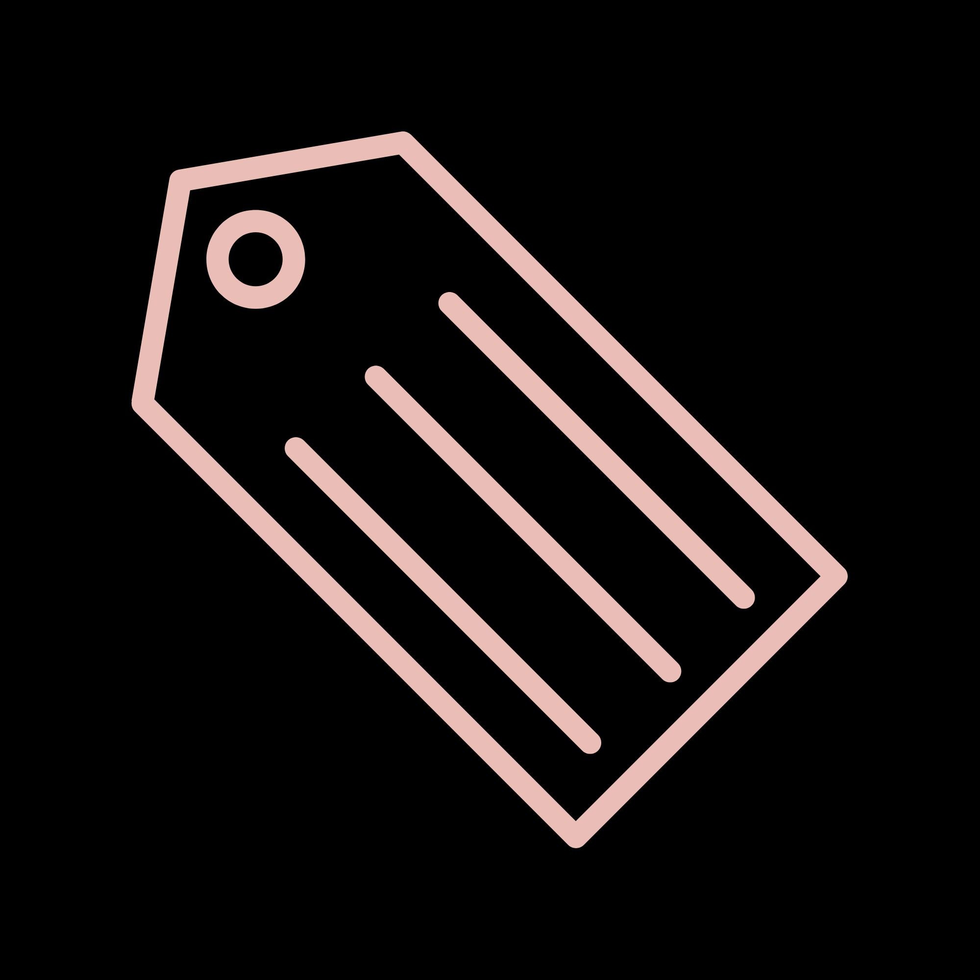 Minimalist illustration of a price tag outline in pink against a black background.