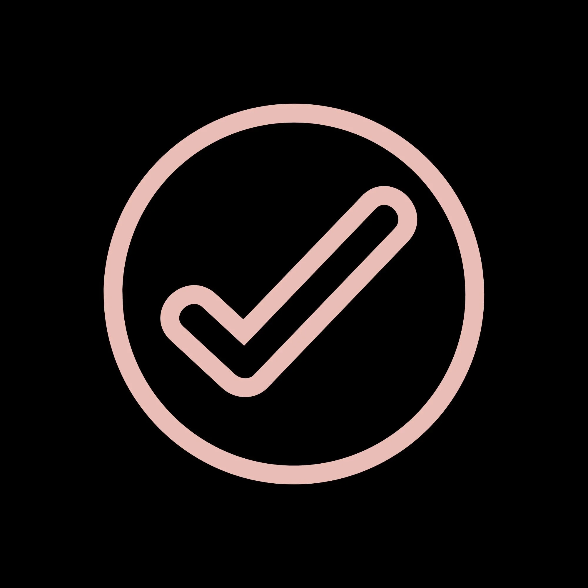 A pink neon outline of a circle with a check mark inside it on a black background.