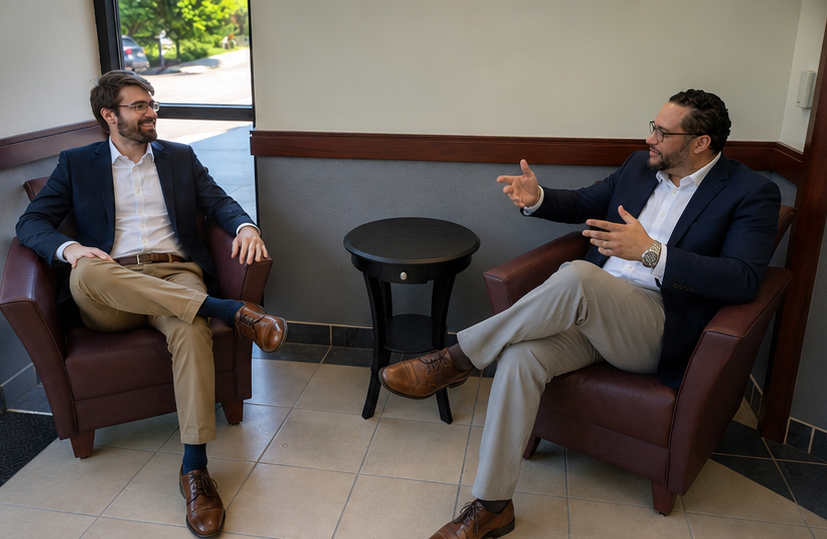 Two men in business attire having a conversation inside a coffee shop or office lounge area, sitting in brown armchairs with a small black table between them.