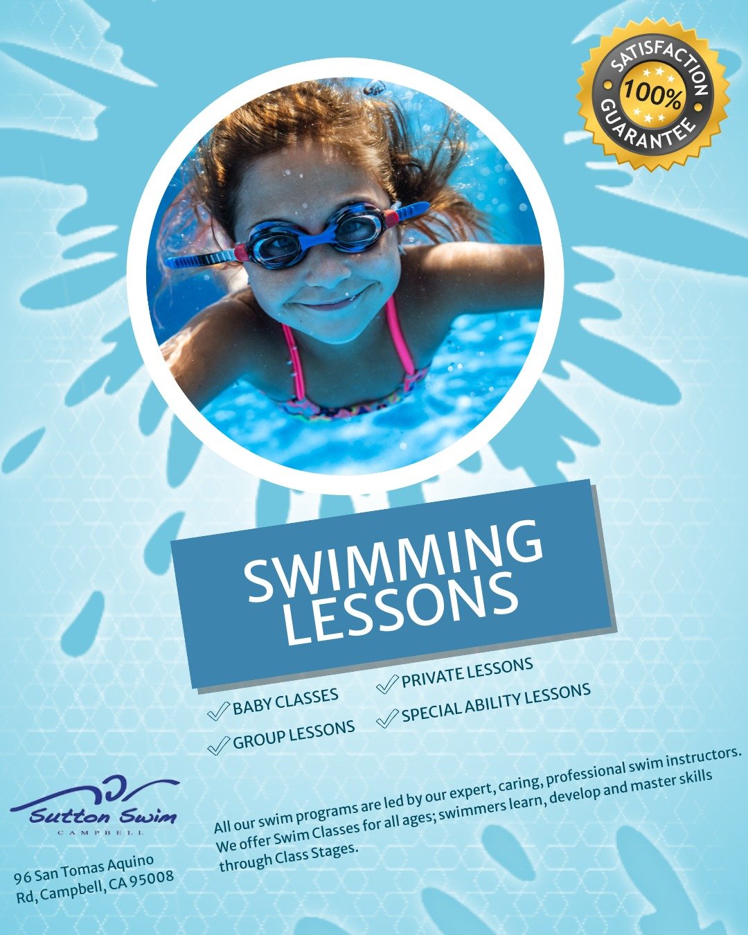 Smiles, splashes, and swimming skills! 💦😄
Sign up today and let your little swimmer shine underwater. 🏊&zwj;♂️✨

👩&zwj;🏫 Expert instructors
🏊 Safe &amp; supportive environment
😊 Fun-filled lessons
📅 Classes start now!
📞 Enroll today: (408) 9