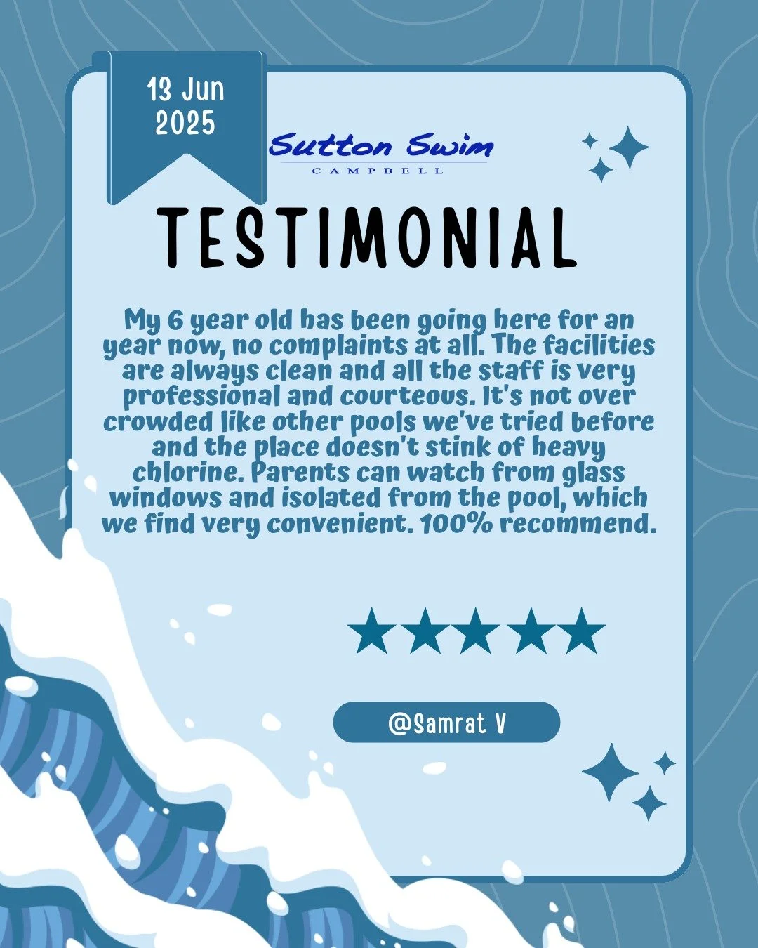✨ &ldquo;100% recommend!&rdquo; ✨
We're so grateful for kind words like these from our swim families! 🏊&zwj;♀️💙
Clean facilities, professional staff, and a peaceful viewing area for parents&mdash;just a few things that make Sutton Swim School speci