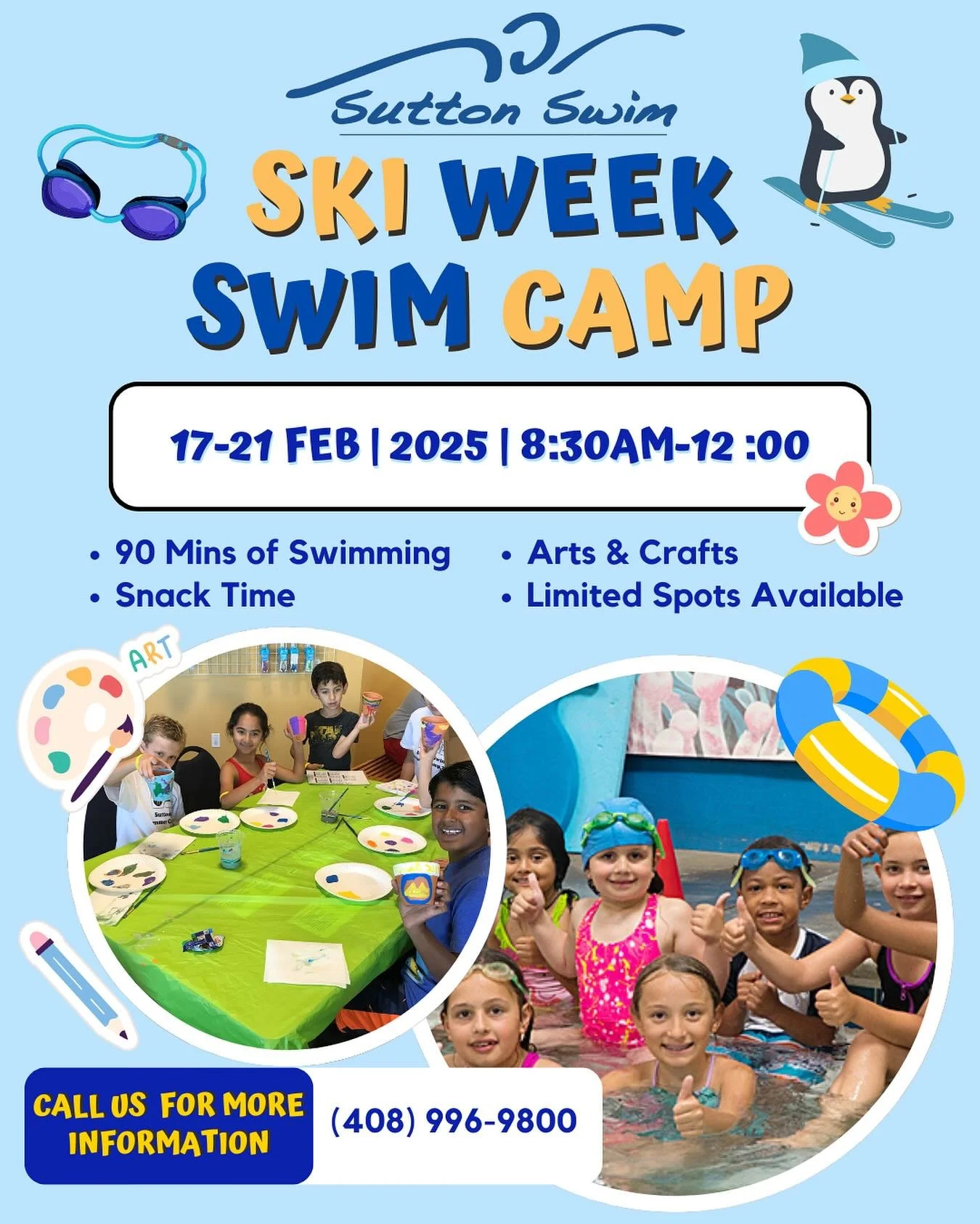 Our Ski Week Camp is the perfect way for your child to boost their swimming skills, gain confidence in the water, and learn essential water safety&mdash;all while having fun!

Camp Details:
💦 Dates: February 17th - 21st, 2025 (Monday to Friday)
💦 T
